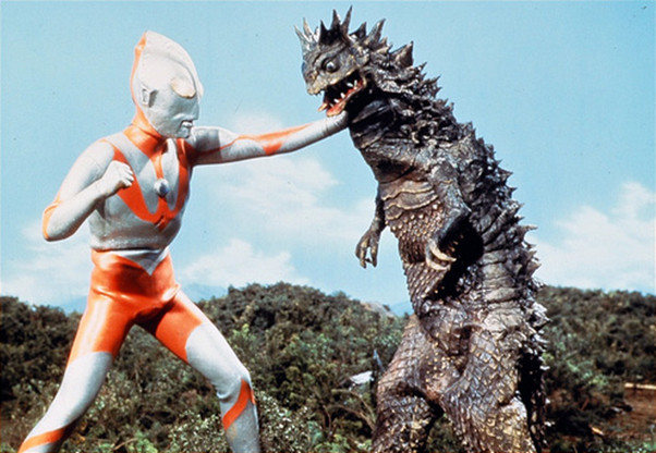 Ultraman battling a kaiju within the three minute window of opportunity