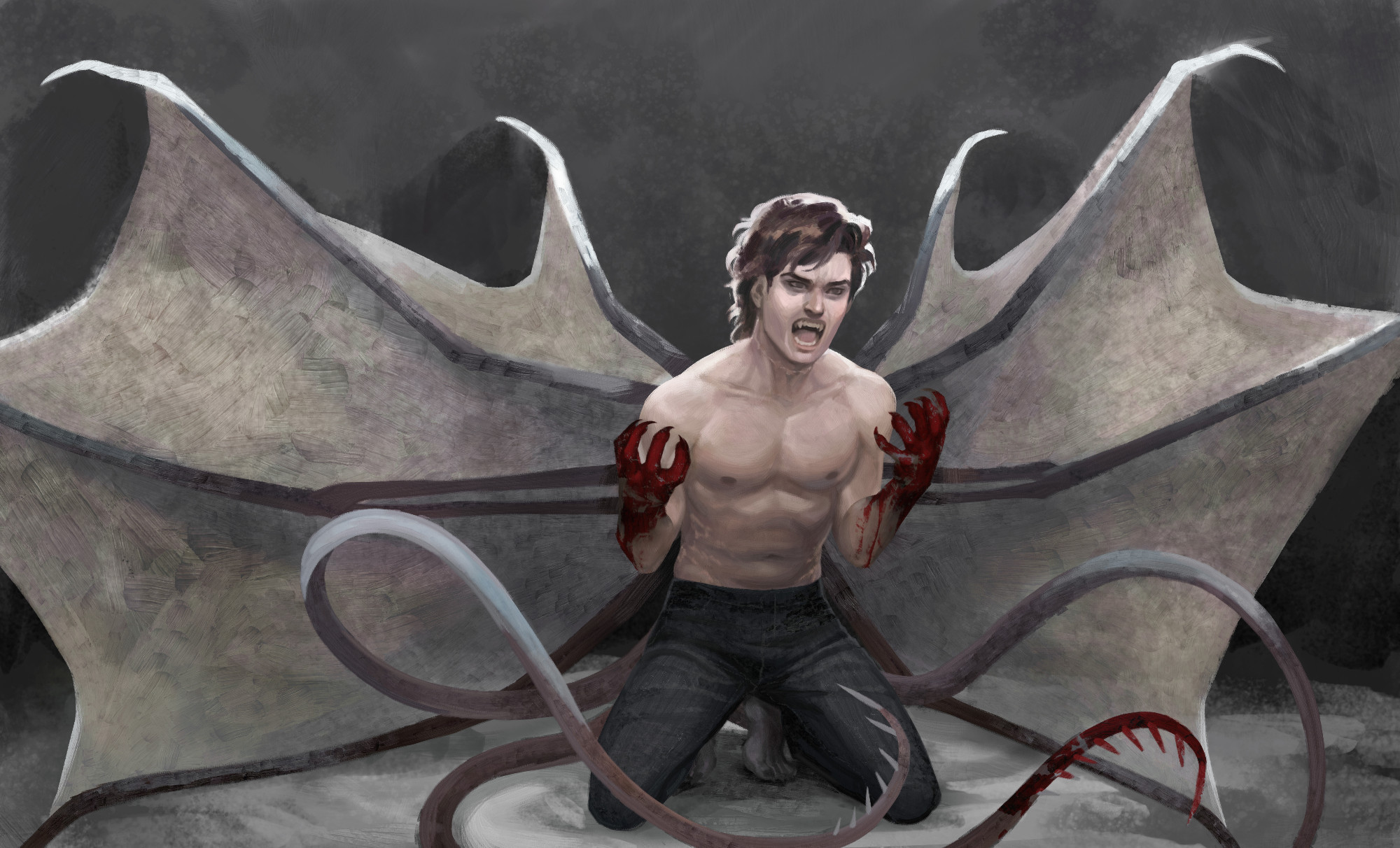 Digital painting of Steve mutated by the demobat blood.

Steve is kneeling and leaning forward, his hands raised to brandish claws. He's snarling, mouth open wide to reveal fangs. There are demobat wings spread behind him. They're huge and threatening, the joints tipped with claws. Three tails whip around Steve, barbed at the tips. Both of his hands and one of his tail tips are covered in blood. Everything is mute in color but the blood.