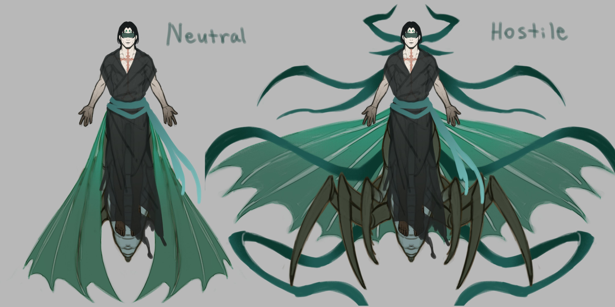 Two versions of Shen Yuan: Neutral and Hostile.

Neutral: Shen Yuan is hovering. His wings are tucked and spread around his sides. They're hiding what he's standing on. He's wearing a blindfold and one layer of black robe, cut at the sides to make room for his wings. It doesn't cover the tip of his ashen feet. He looks human enough from afar.

Hostile: The many ends of his blindfold are spread out, ready to strike. His wings are also spread out, revealing Shen Yuan's insectoid lower half. He has six extra pairs of legs and a short tail, like that of a mantis.