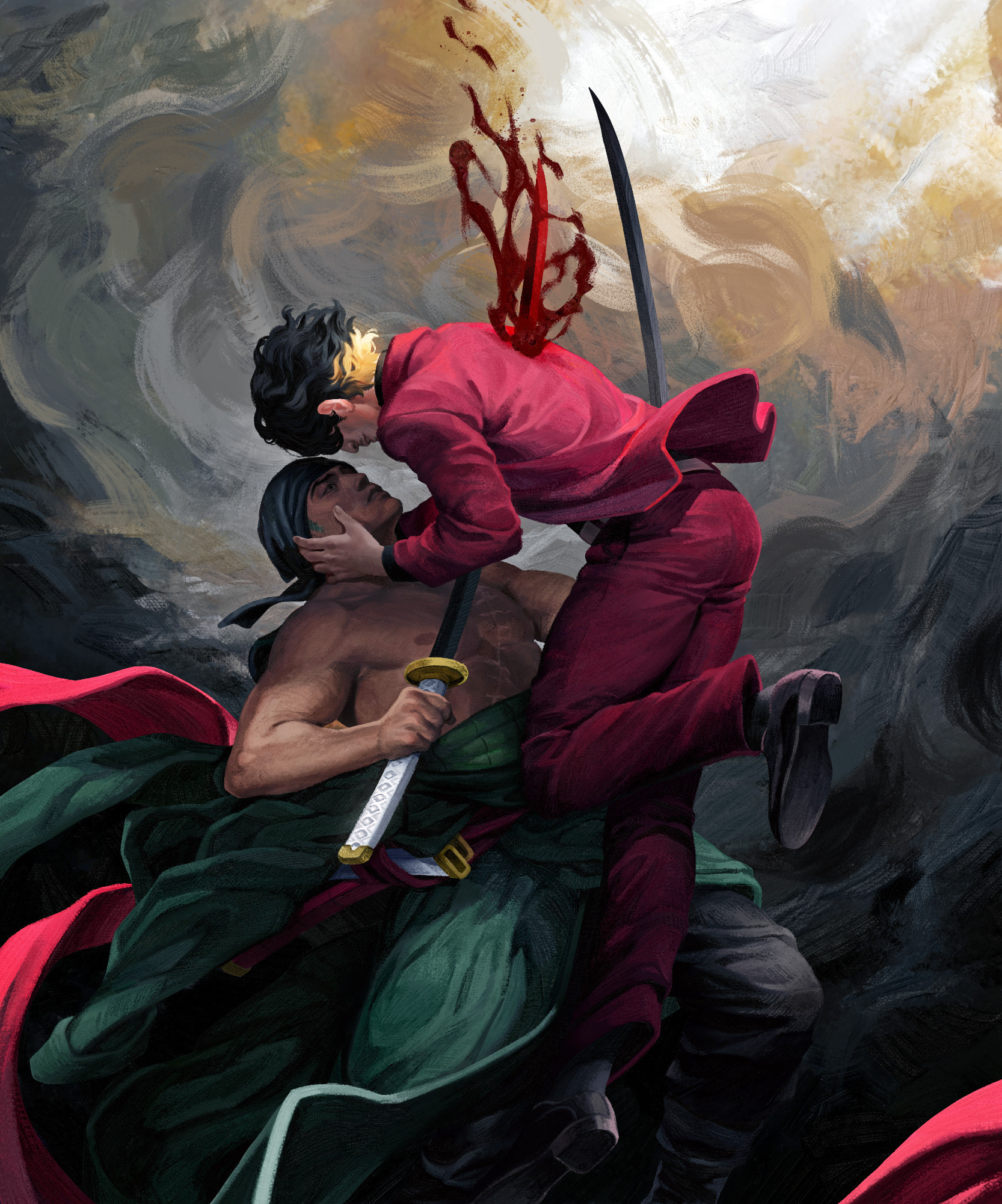 Digital painting of Sanji forcing Zoro to fulfill their death pact. 

Sanji is mid-jump, and he's falling into the path of one of Zoro's swords. The sword has pierced him straight through the chest, perhaps even the heart. The fatal mistake is deliberate; Sanji has neither dodged nor defended himself. He's smiling, cradling Zoro's head. His eyes are covered by his hair but it's clear that he's looking at Zoro. They're almost forehead-to-forehead.

Zoro looks back, his one eye wide and horrified. He's leaning back, clutching the sword that pierced Sanji. He wasn't given the time to redirect it or let go of it.

Sanji's hair is mostly black; the strands at his nape is blonde.