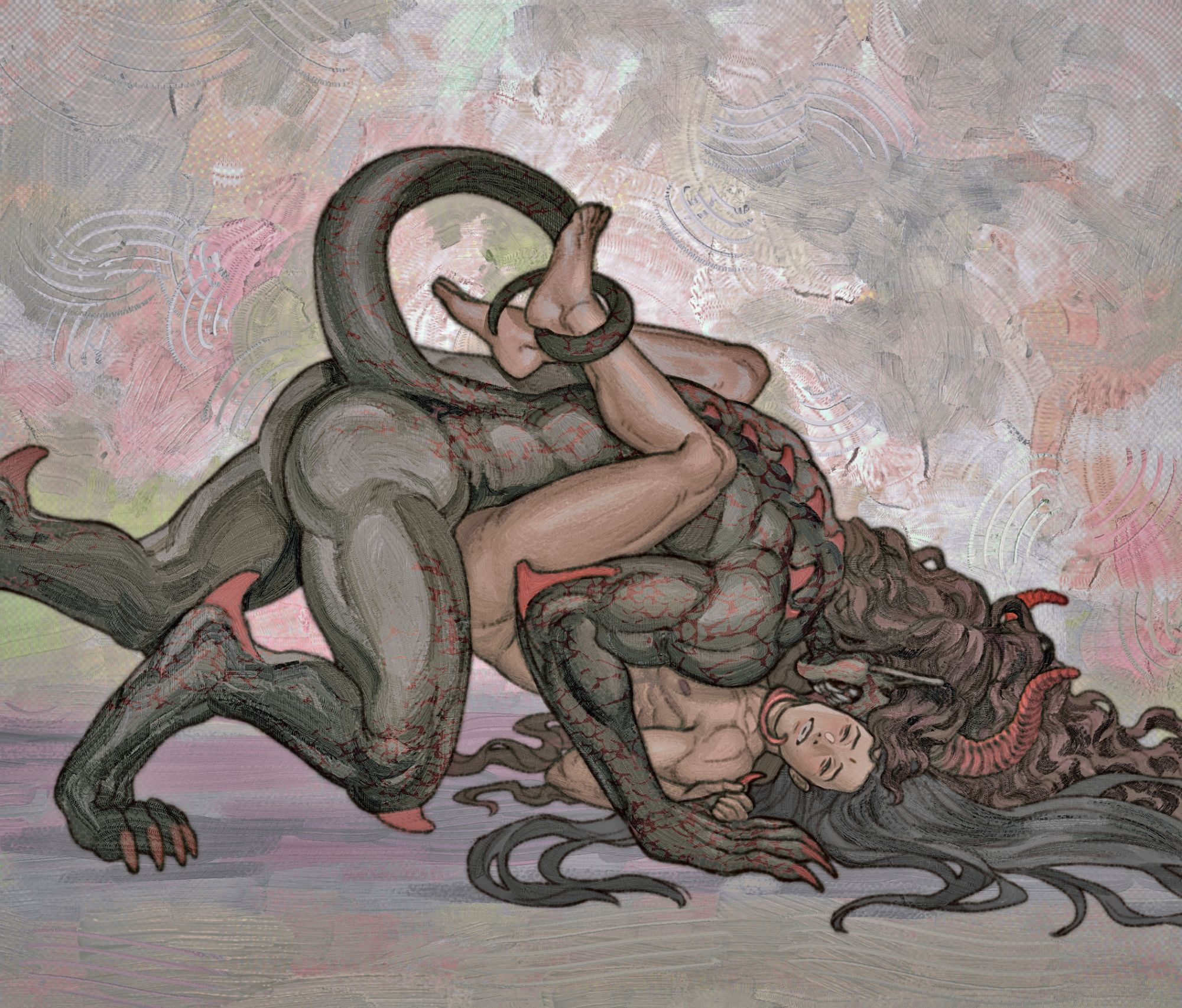 Digital painting of a visibly more demonic Luo Binghe and human Shen Qingqiu having sex.

Luo Binghe is much larger, with inhuman body proportions and demonic features such as horns, claws, fangs, and a tail. His skin is dark grey, with veins of dark red running across it like cracks in the earth. He's on top of Shen Qingqiu, on all fours, his inhumanly long tongue wrapping itself around Shen Qingqiu's neck.

Shen Qingqiu has his legs wrapped around Luo Binghe's waist, and his hand around Luo Binghe's thumb. He looks delighted, grinning widely.