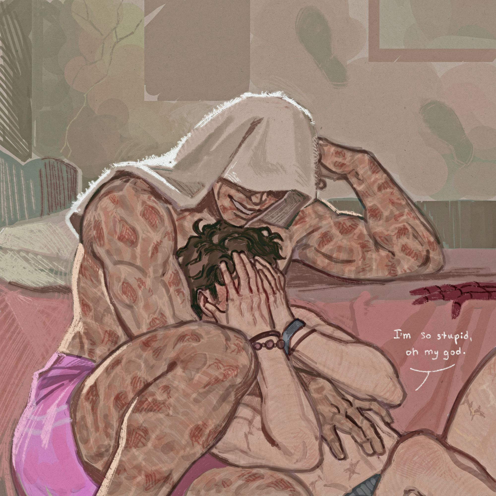 Digital painting of Wade Wilson and Peter Parker cuddling in Peter's bedroom. They're both in their underwear; Wade's is hot pink.

Wade is sitting on the floor and leaning against the bed. One of his arms is on the bed, and the other is on Peter's stomach. His face is partially covered by a fluffy towel. The towel doesn't hide Wade's wide smile as he looks at Peter. 

Peter is lying with his back to Wade's chest, burrowing into his partner's side. He's hiding his pink face with his hands, whining, "I'm so stupid, oh my god." Presumably remembering what happened with Foggy.