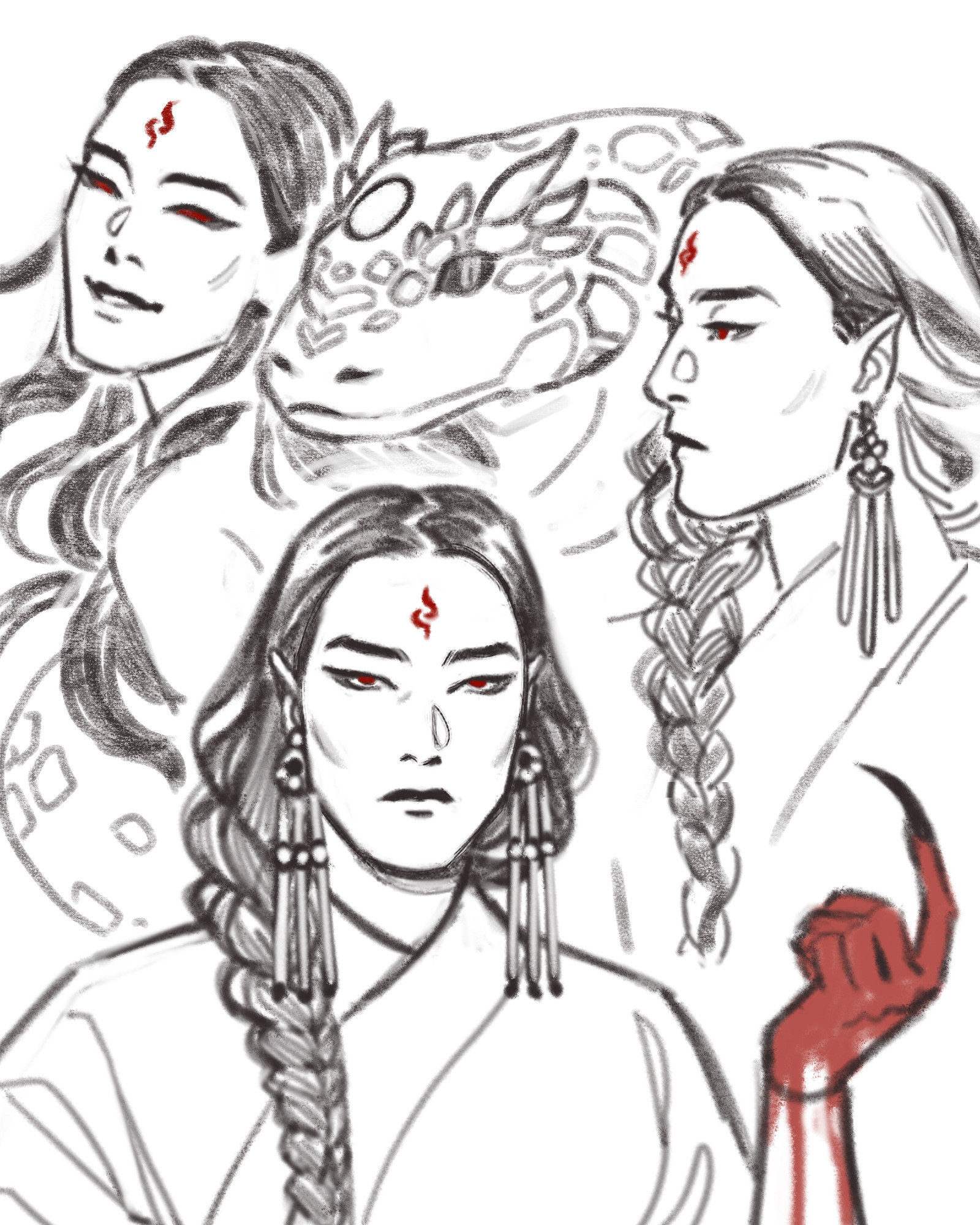 Three-part sketch of a beautiful demon woman with the same forehead mark and red eyes as Luo Binghe. Her long hair is parted in the middle and braided into a single braid. She's wearing a simple robe and elaborate earrings. 

1. The demon is looking straight at the viewer. She does not look impressed. She's holding up her left hand to showcase her dangerously sharp claws. The hand is drenched in blood, like she put it through someone's chest.

2. Side profile of the demon. She's still unimpressed.

3. The demon, laughing, amused. She's in the embrace of a giant demonic/draconic snake, her mate. Her hair is loose.

