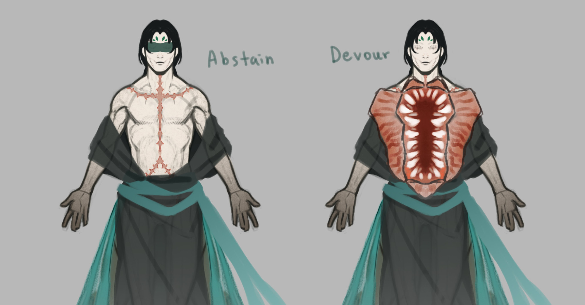 Two versions of Shen Yuan: Abstain and Devour.

Abstain: Shen Yuan's robe is open, giving a closer look at the scar. It cuts following the middle of his chest and along his collarbones. He has his blindfold on.

Devour: The scars open to reveal a hollow chest full of teeth. His entire torso is a mouth. It looks a bit like a pink flower. There are no eyes under his blindfold, only indents with faint stitch scars.