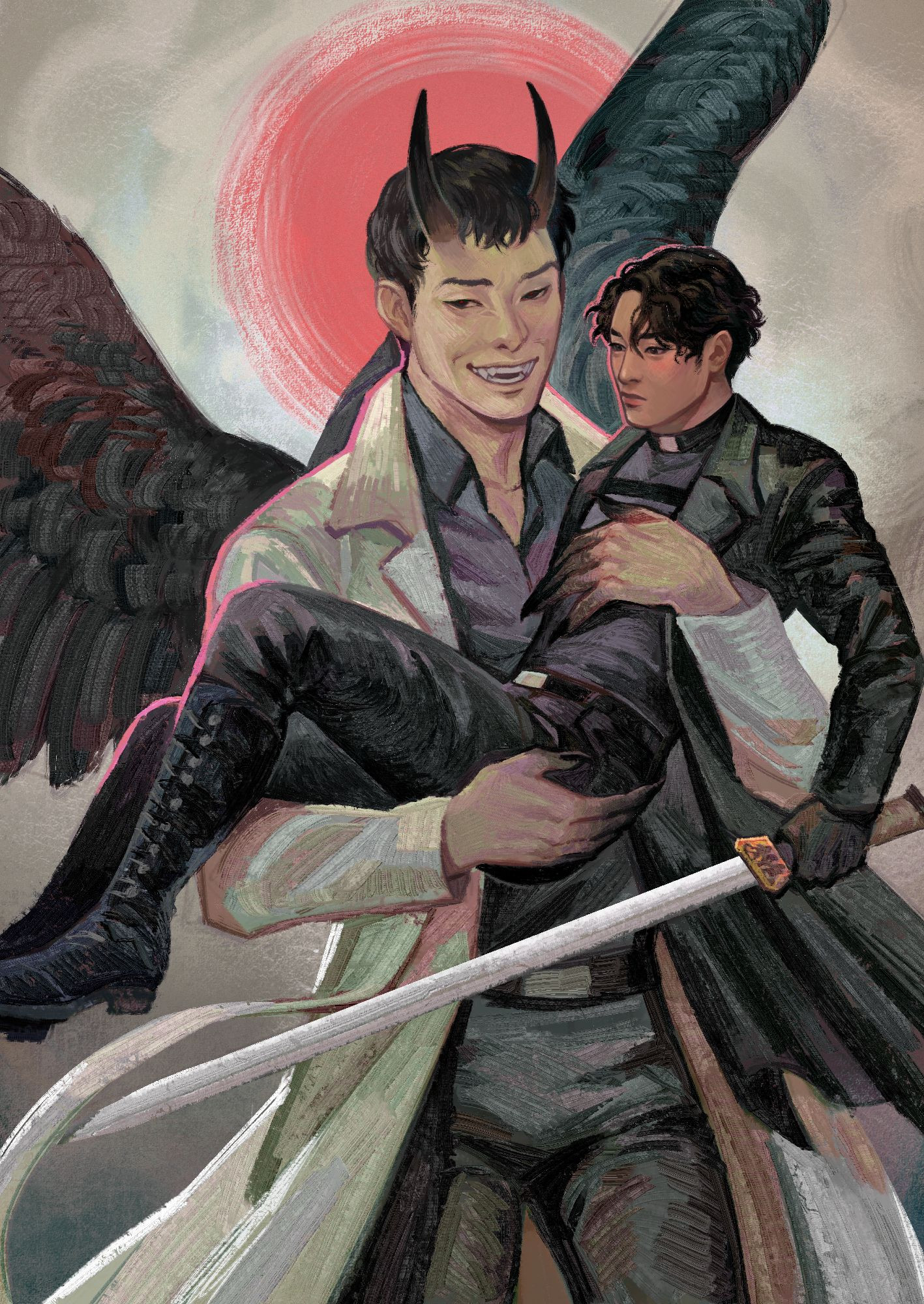 Colored digital painting of Demon King Kim Dokja holding up Yoo Joonghyuk in a bridal carry. 

Dokja is smiling, baring fangs. One of his hands is on Joonghyuk's chest, the other on his thigh. His fingers are black and tipped with claws. He looks smug. 

Joonghyuk is stone-faced, but his cheeks are pink. He's clutching his sword and squirming a little in Dokja's hold.