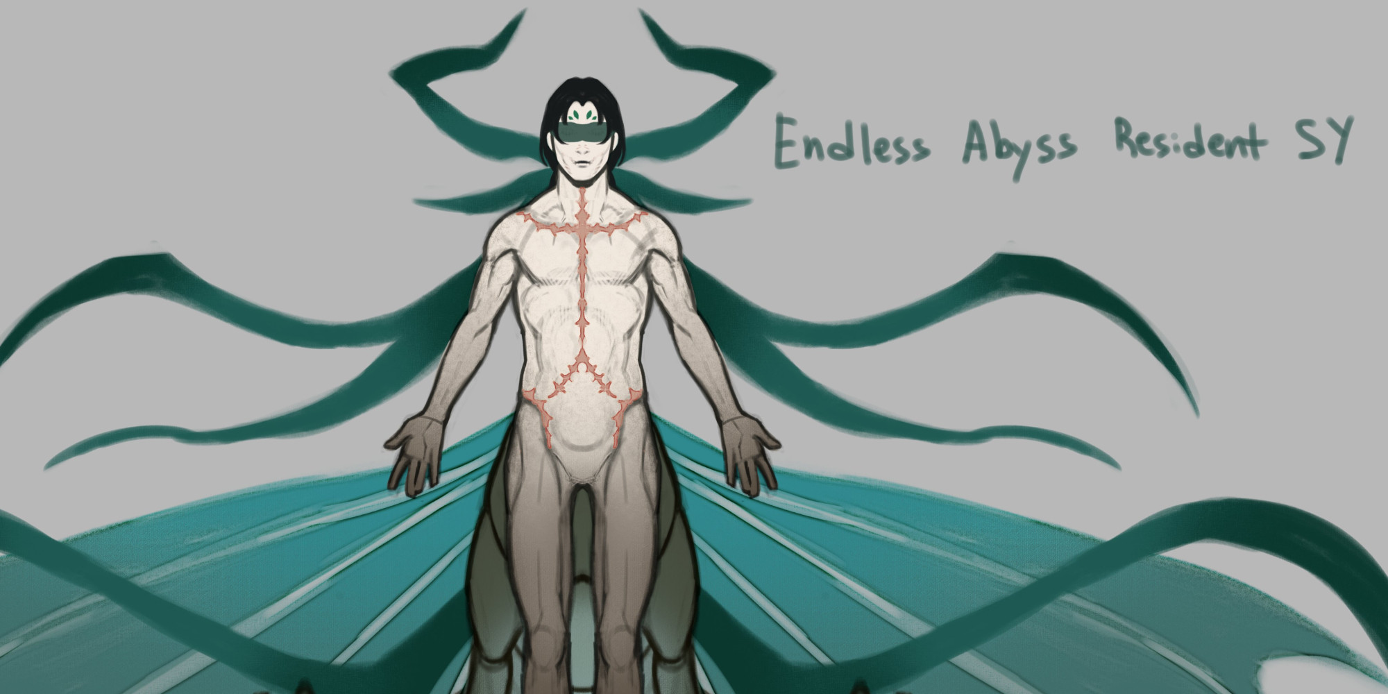 Colored sketchy drawing of Abyssal Demon Shen Yuan.

He is standing bare with his hands spread. There are scars crisscrossing his chest, like Shen Yuan was dissected and cut open. Most of his skin is sickly pale but his limbs are ashen color. His eyes are blindfolded. The blindfold's many ends spread threateningly in many directions, acting like living appendages. His legs are cut from the frame but there are more than two. Two pale green fan-like wings are spread behind him from below his hips.

Text: Endless Abyss Resident SY.