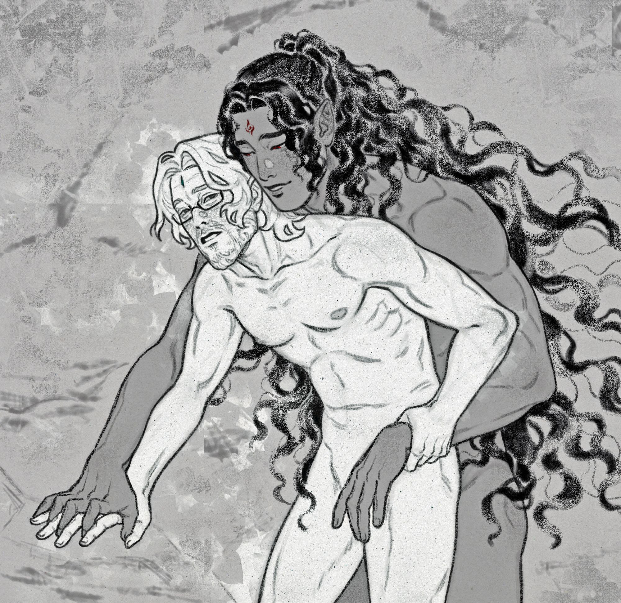 Black and white drawing of Luo Binghe and Shen Yuan as the dream demon Meng Mo.

They're both standing in the dream realm, naked. LBH is hugging SY from behind, plastering his chest to SY's back as the other leans forward in a futile attempt to escape his hold. SY looks a little dazed, his cheeks warm. LBH looks beguiling, seducing SY with a soft smile.

SY's form is of an elderly demon. His hair and his beard are cut short and entirely white. His skin is deathly pale and there's a slit on his forehead, indicating a third eye. He's wearing glasses, a remnant of his old life.