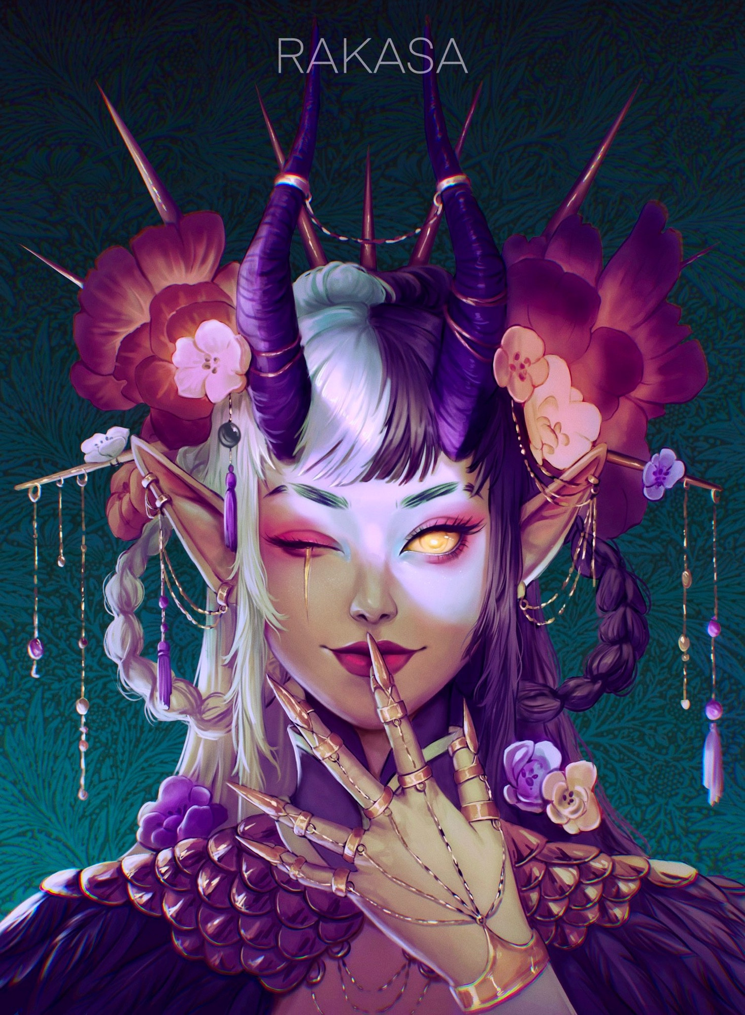 Digital artwork 
Queen like appearance 
Big flower crown 
Lots of jewellery 
Horns and fantasy attire 