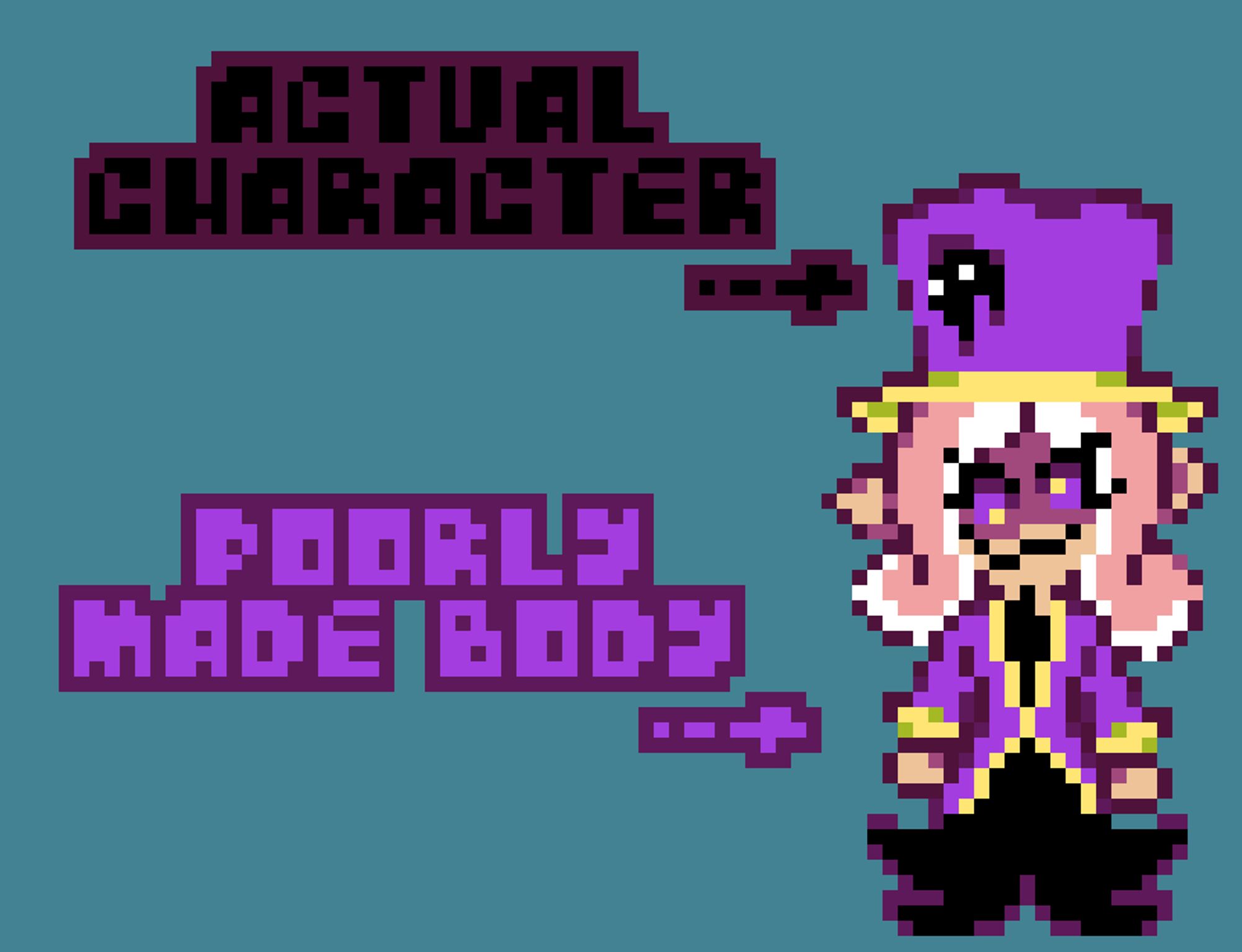 Pixel art of an OC who is a dark inky blob-like creature in the hat of a poorly made inky vessel that incorrectly resembles an octoling from Splatoon.