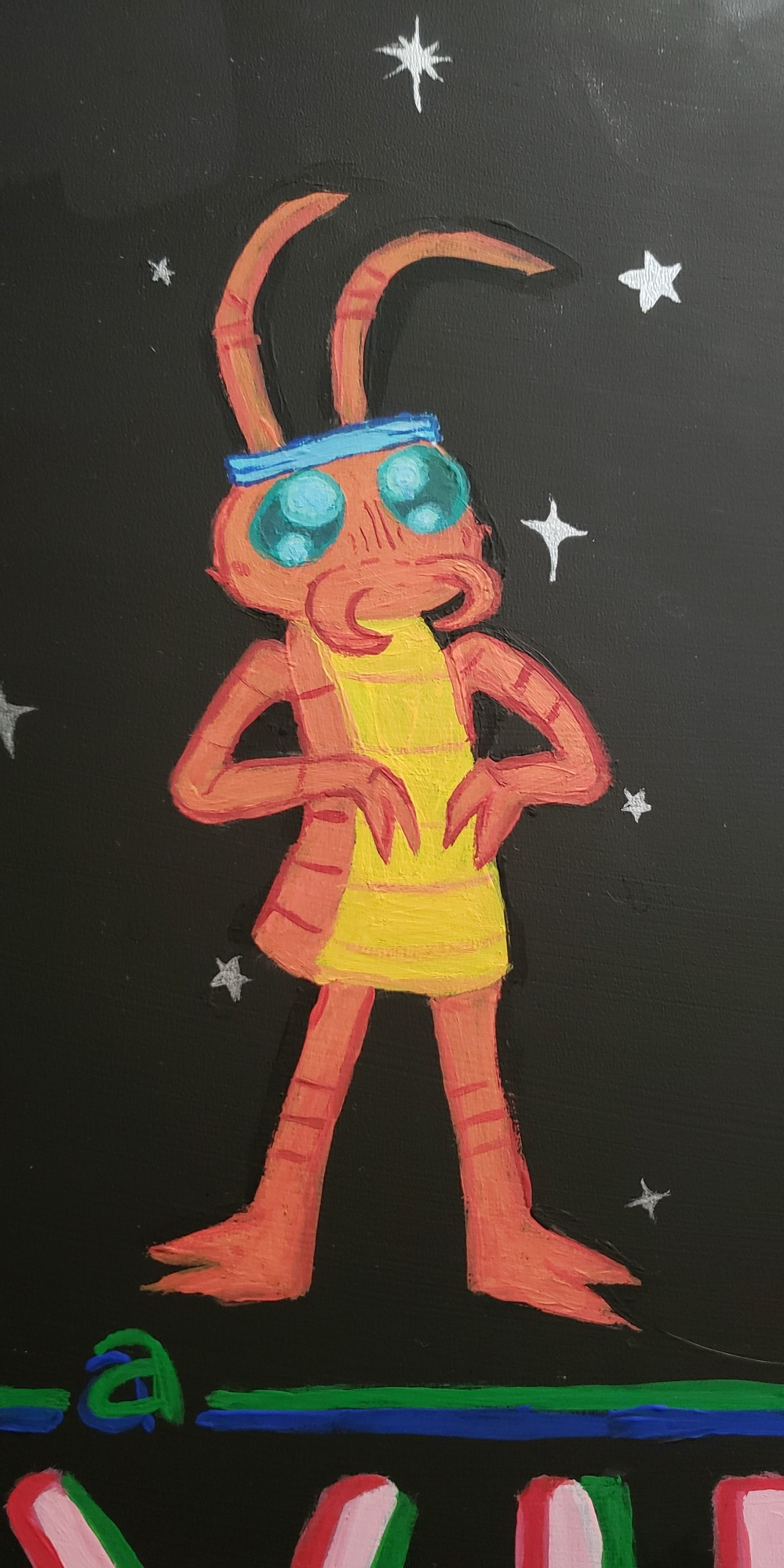 An anthropomorphic orange bug wearing a blue sweatband. It is Bug from Team Starkid's Starship musical