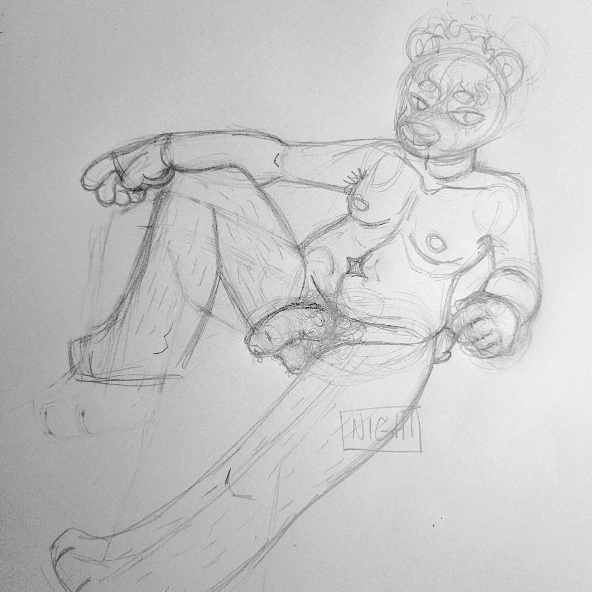 A roughly drawn pencil sketch of an anthropomorphic bear in a leisurely pose, naked and aroused.