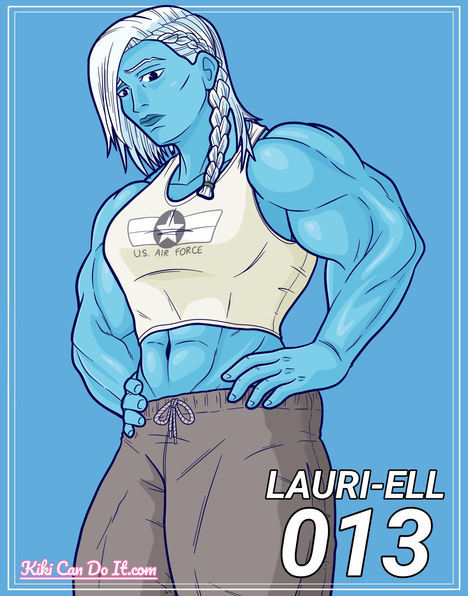 An illustration of Lauri-ell from Marvel comics, a towering, musclebound blue-skinned woman with white hair. She's wearing a US Air Force tank top and grey sweatpants, and has her hands on her hips looking at the viewer with a concerned expression.