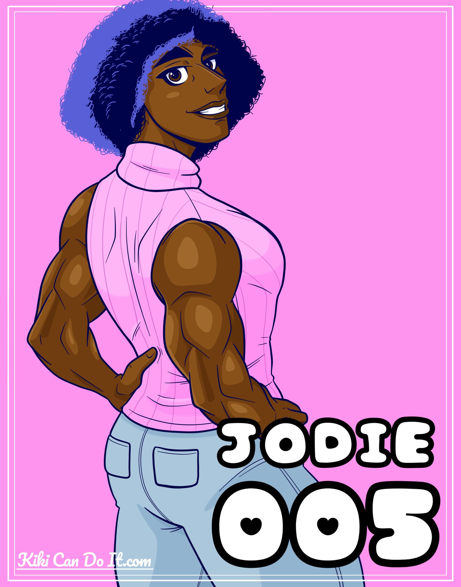 An illustration of a muscular black woman with curly black hair. Her hands are on her hips with her back to the viewer as she turns to smile.