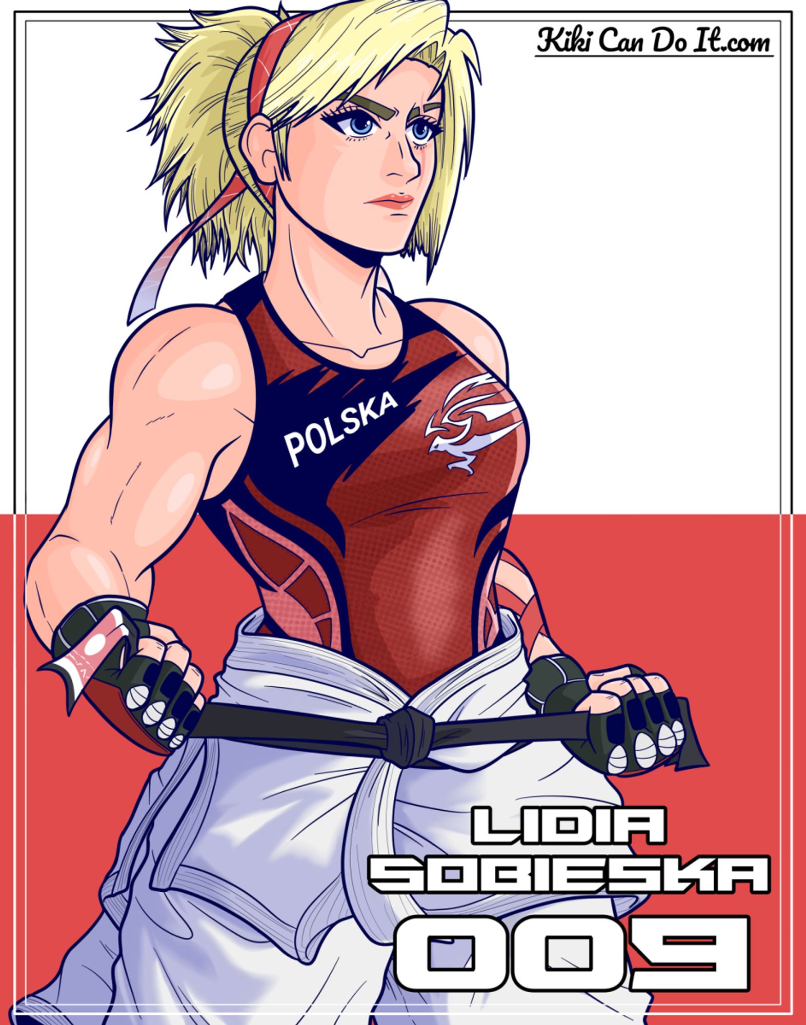 An illustration of Lidia from Tekken, a muscular blonde-haired woman wearing a red tank top and karate pants. The top of her karate gi is around her waist, and she's cinching the belt tight.