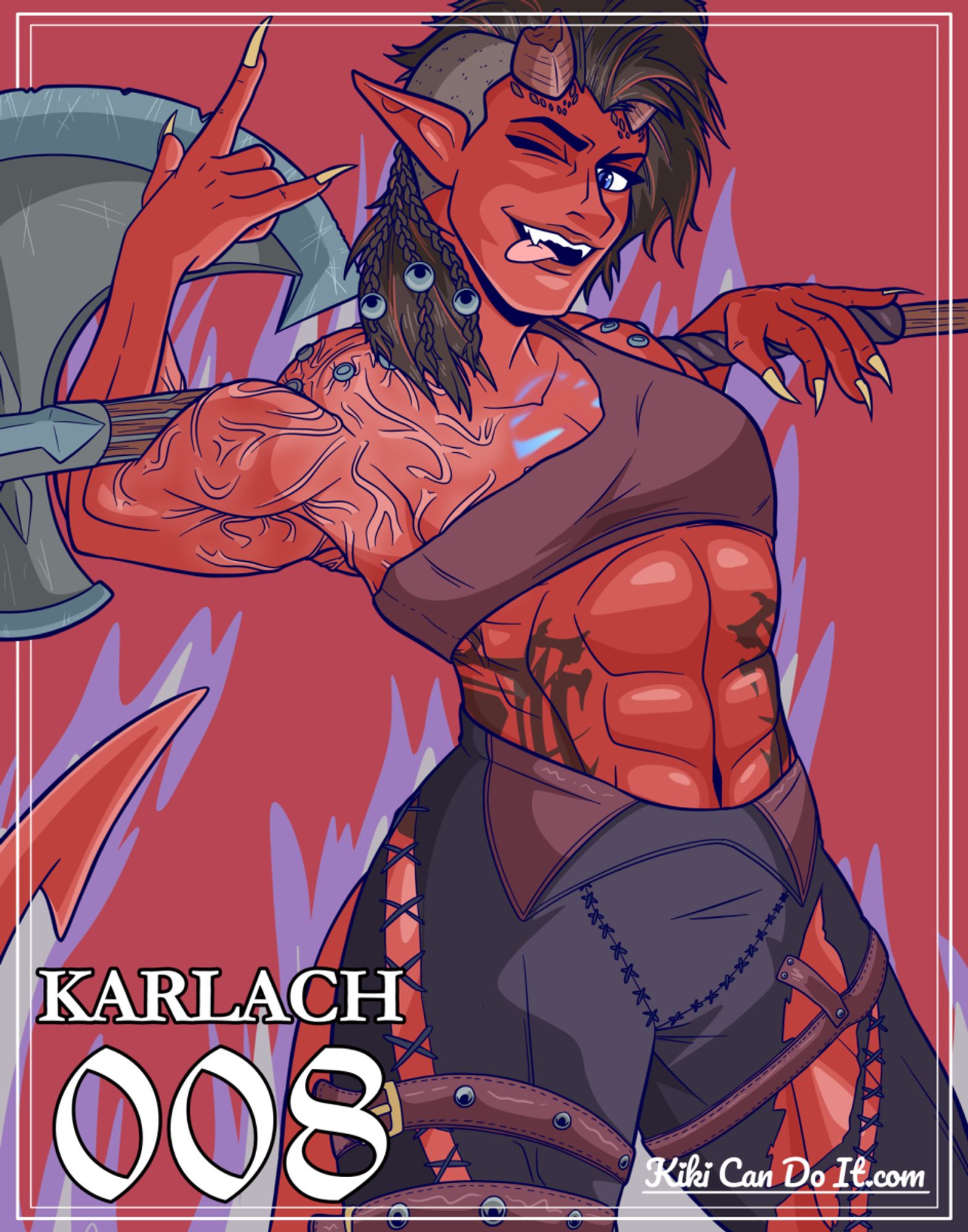 A drawing of Karlach, a red-skinned demon girl wearing an outfit made of dozens of overlapping belts. She's holding an axe across her shoulders, flashing rock-on sign with her hand, and smiling.