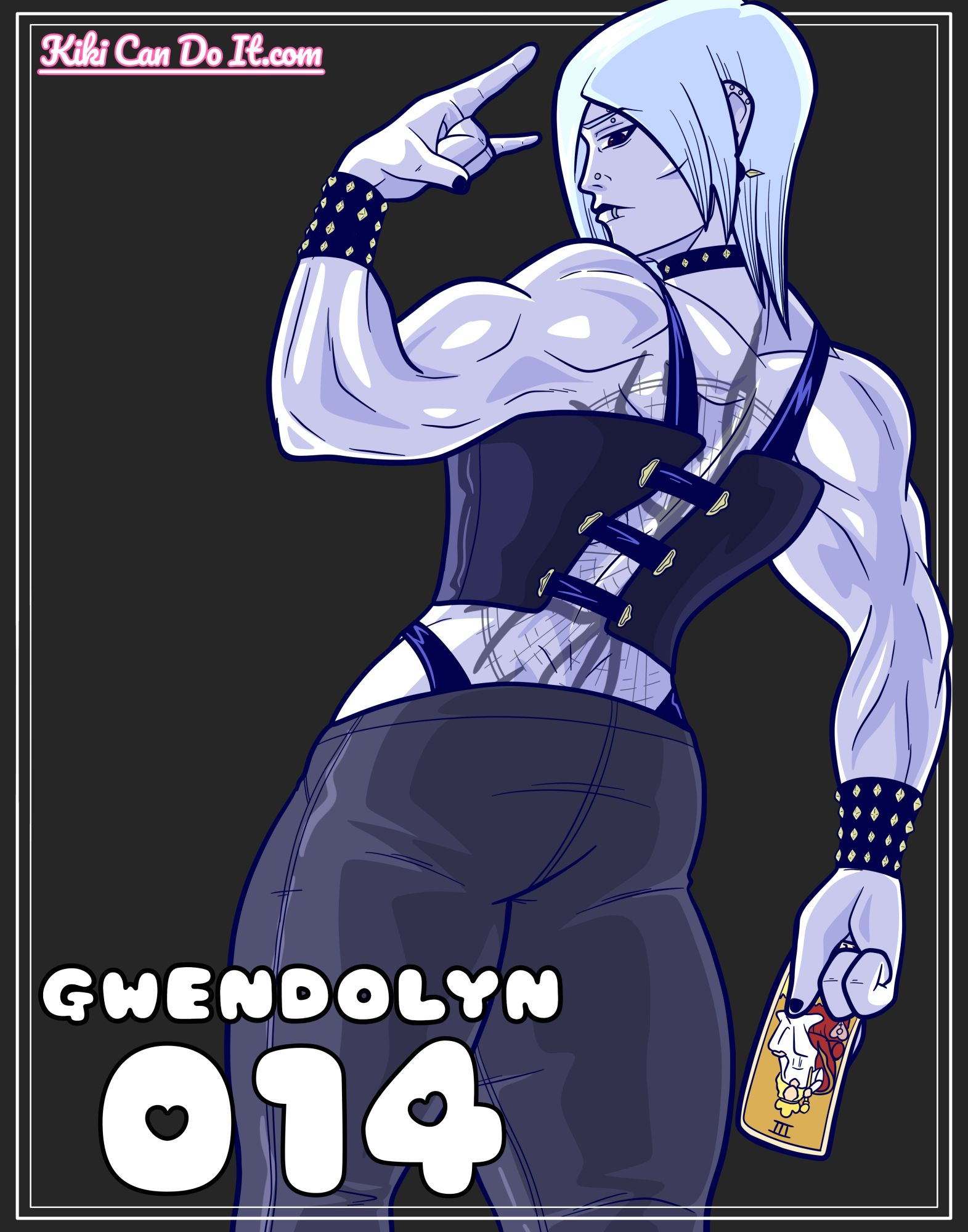 An illustration of a muscular woman in goth attire. Her skin and hair are both extremely pale, and her eyes are red. She's wearing a leather corset and pants with a studded collar and armbands. She's making the "devil's horns" gesture with one hand and holding a tarot card in the other.