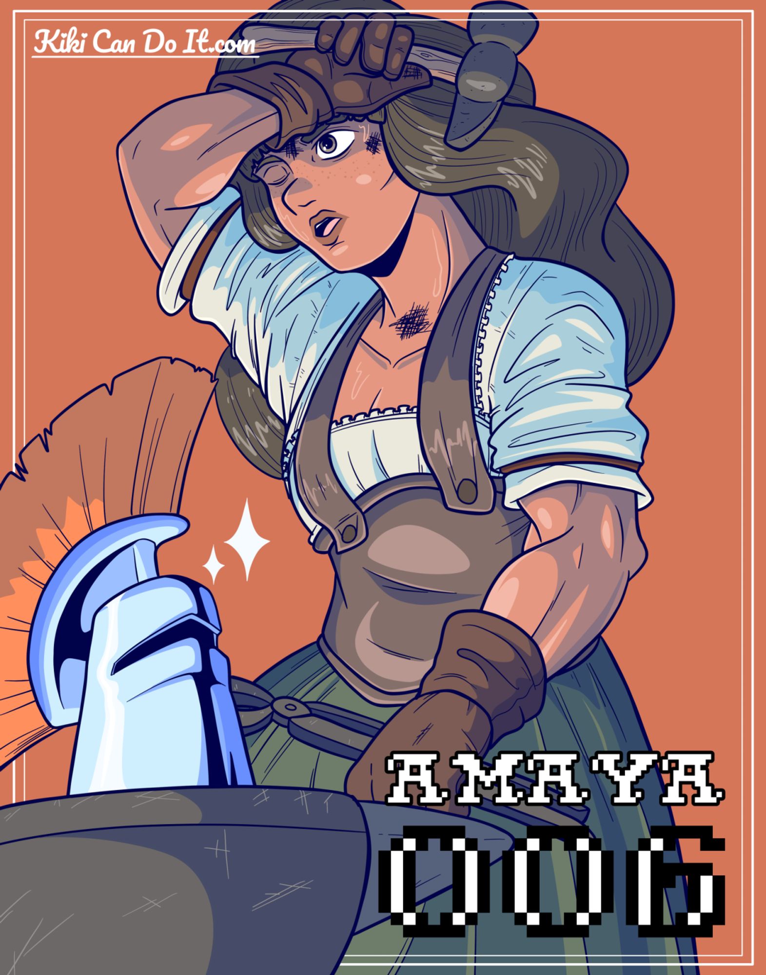 An illustration of Amaya from King's Quest, a buff woman in medieval garb with rolled-up sleeves. She's sweaty and smudged as she works at the forge, wiping sweat from her brow with one hand and holding a pair of tongs in the other. In front of her is a sparkling knight helmet on an anvil.