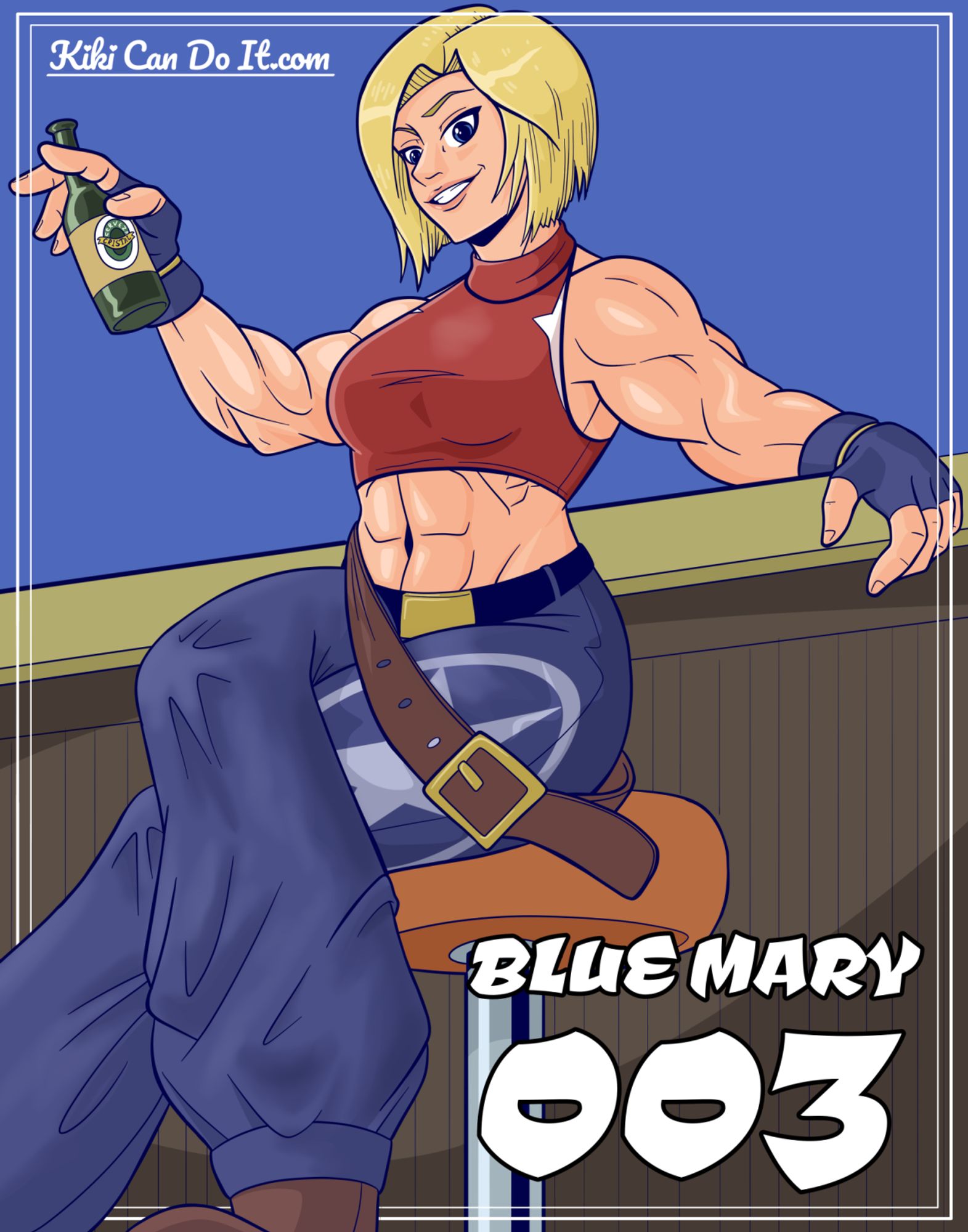 A buff blonde woman in a short-cropped red turtleneck and baggy blue pants. She's sitting on a bar stool with her legs crossed and a beer bottle dangling from her hand.