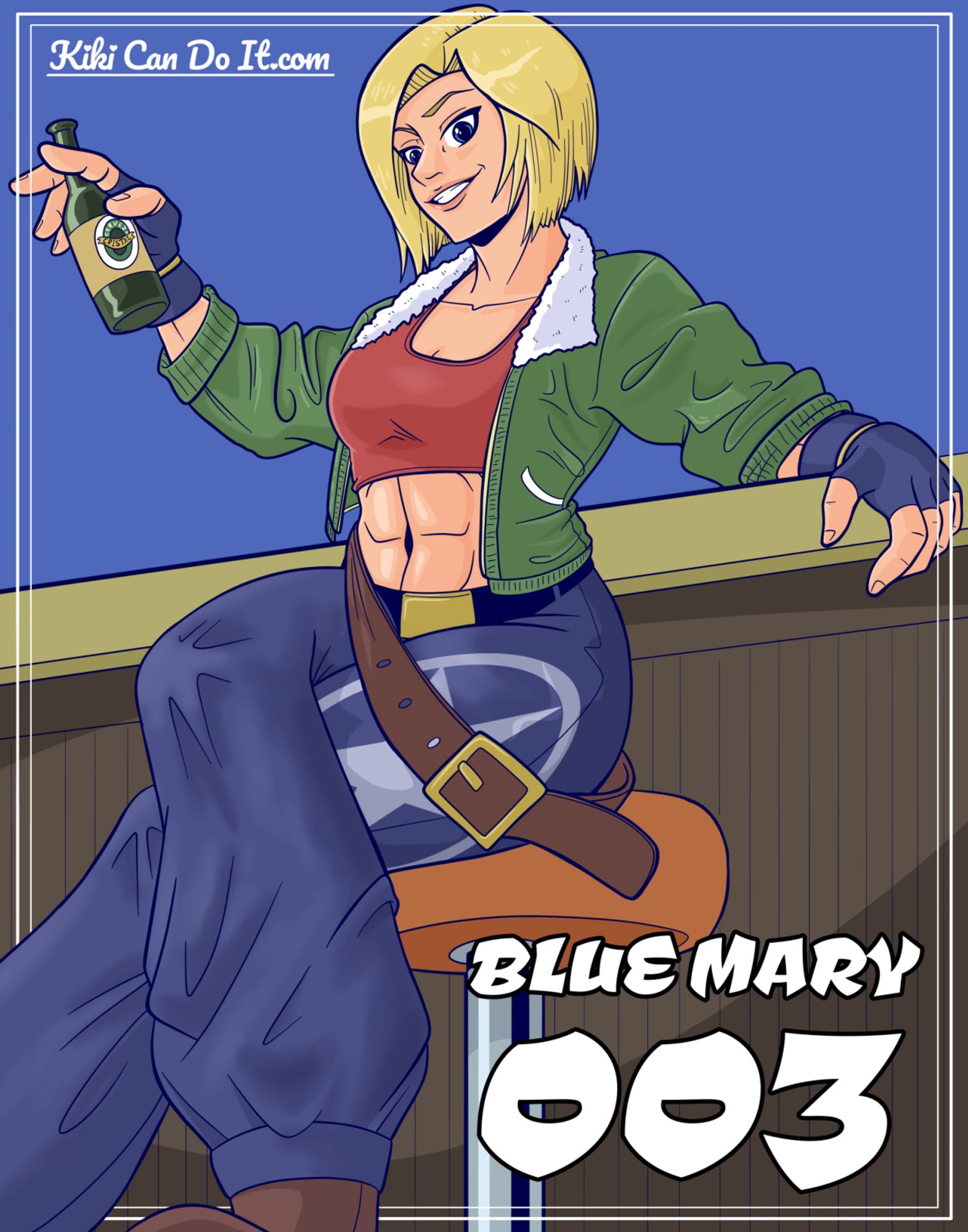 A buff blonde woman in a short-cropped red turtleneck and baggy blue pants. She's sitting on a bar stool with her legs crossed and a beer bottle dangling from her hand.