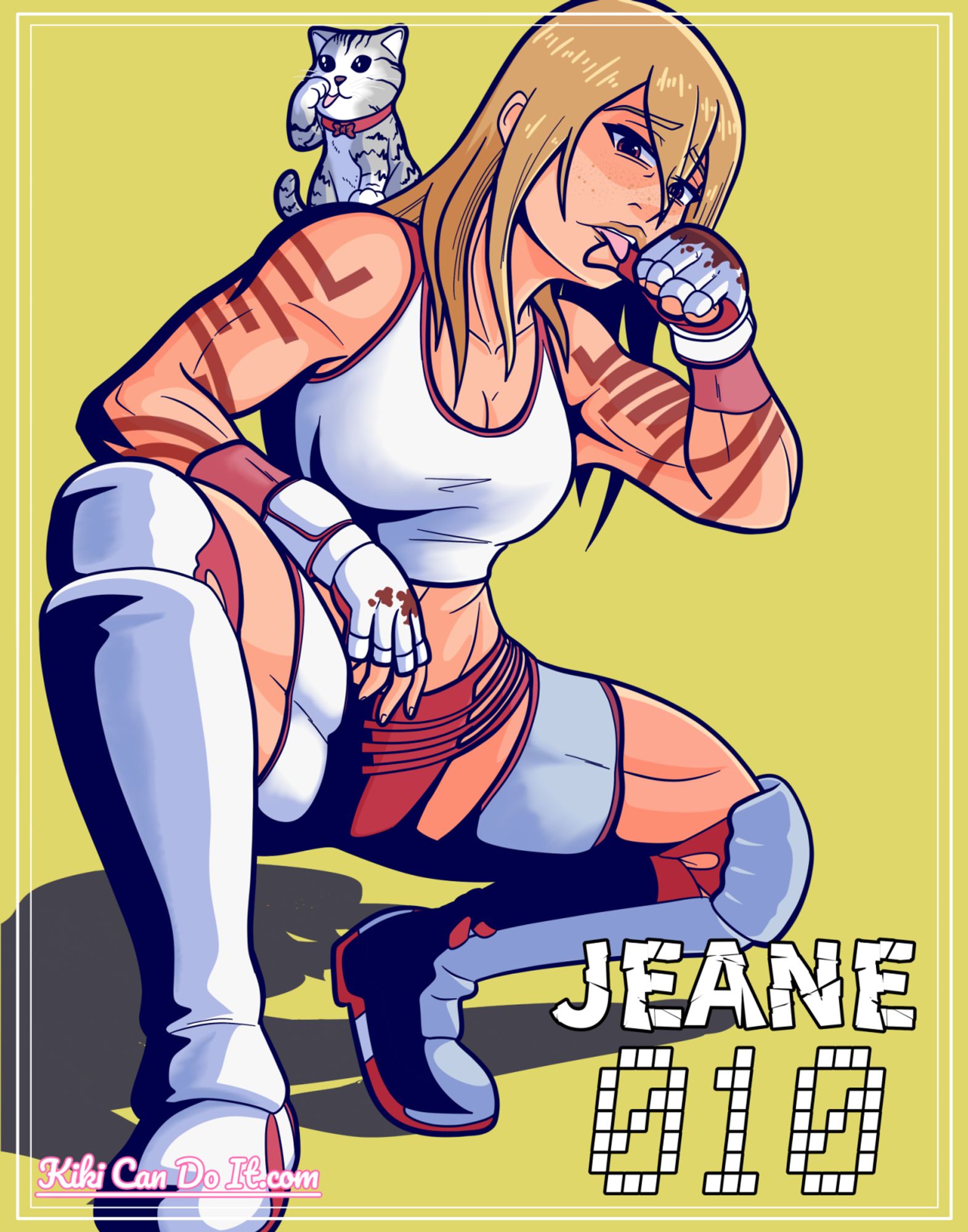 An illustration of Jeane from No More Heroes, a blonde woman wearing a white and red tank top and short chaps. She's squatting down and licking blood off her knuckles. A cat is sitting on her shoulder and licking its paw.