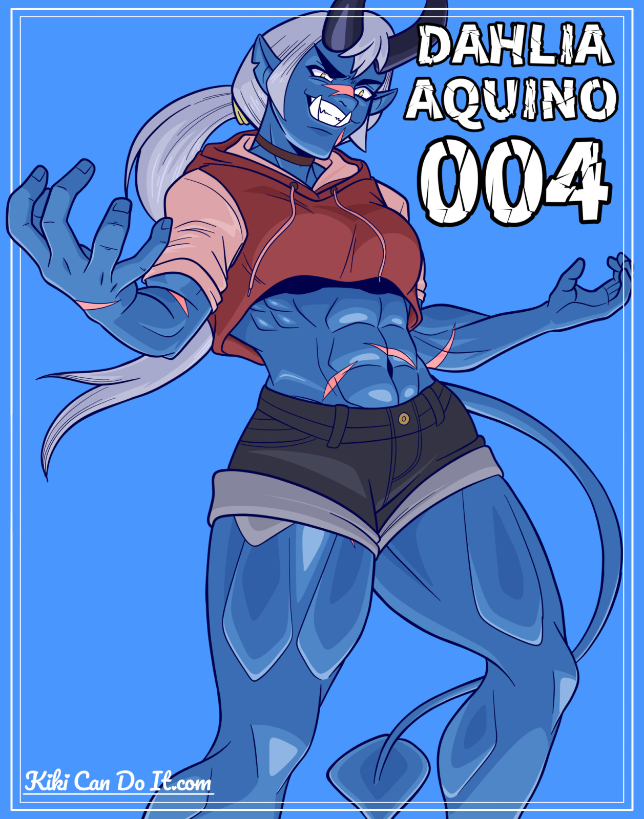 An illustration of Dahlia from Monster Prom, a large muscular blue-skinned demon girl. She's wearing a short-cropped hoodie and rolled-up shorts. 