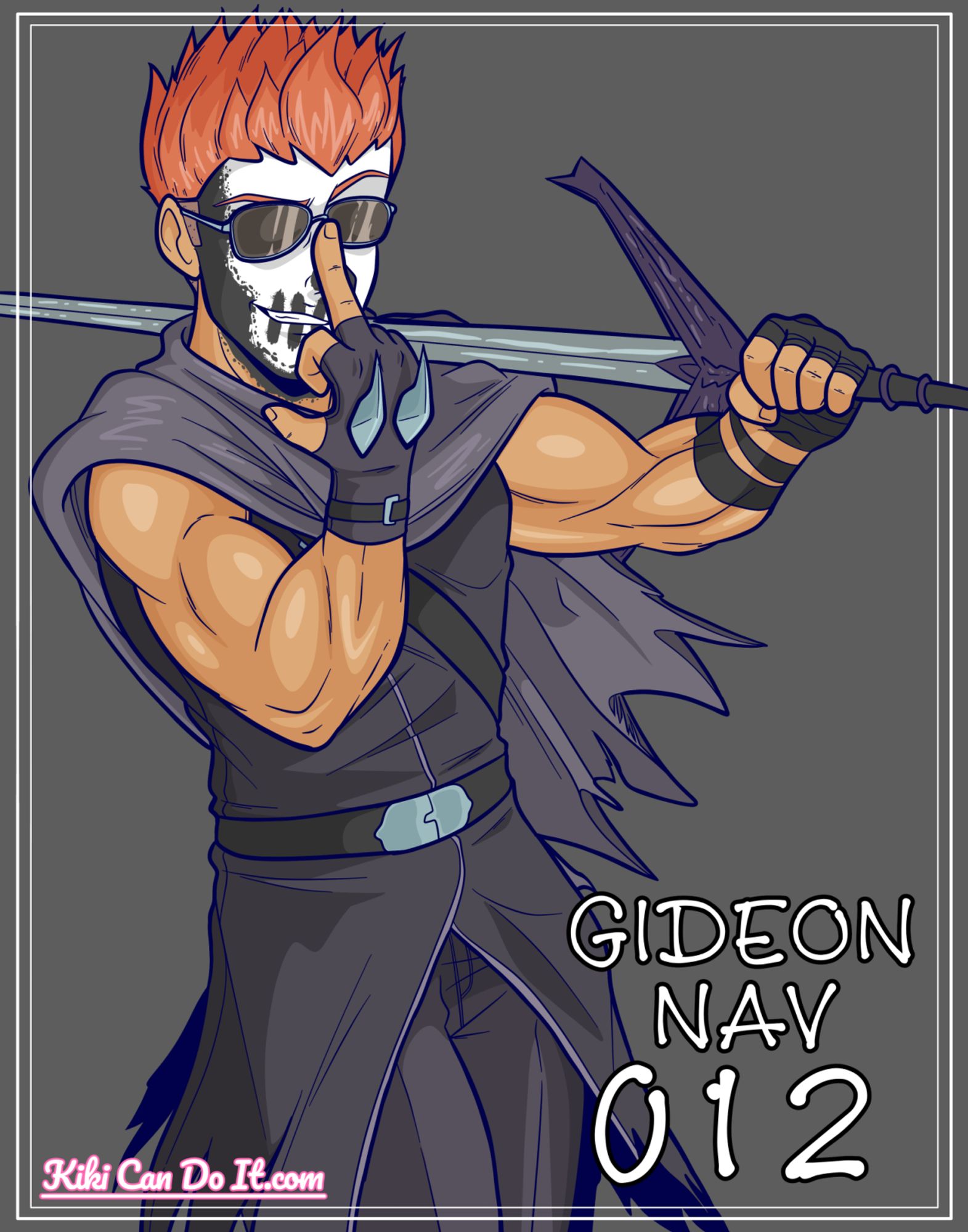 An illustration of Gideon Nav from The Locked Tomb, a musclebound young woman with short orange hair. She's wearing a dark tunic, pants, cowl and sunglasses, and her face is painted to resemble a skull. She's pushing the sunglasses up her face with her middle finger and resting a longsword on her shoulder while flashing a cocky grin.