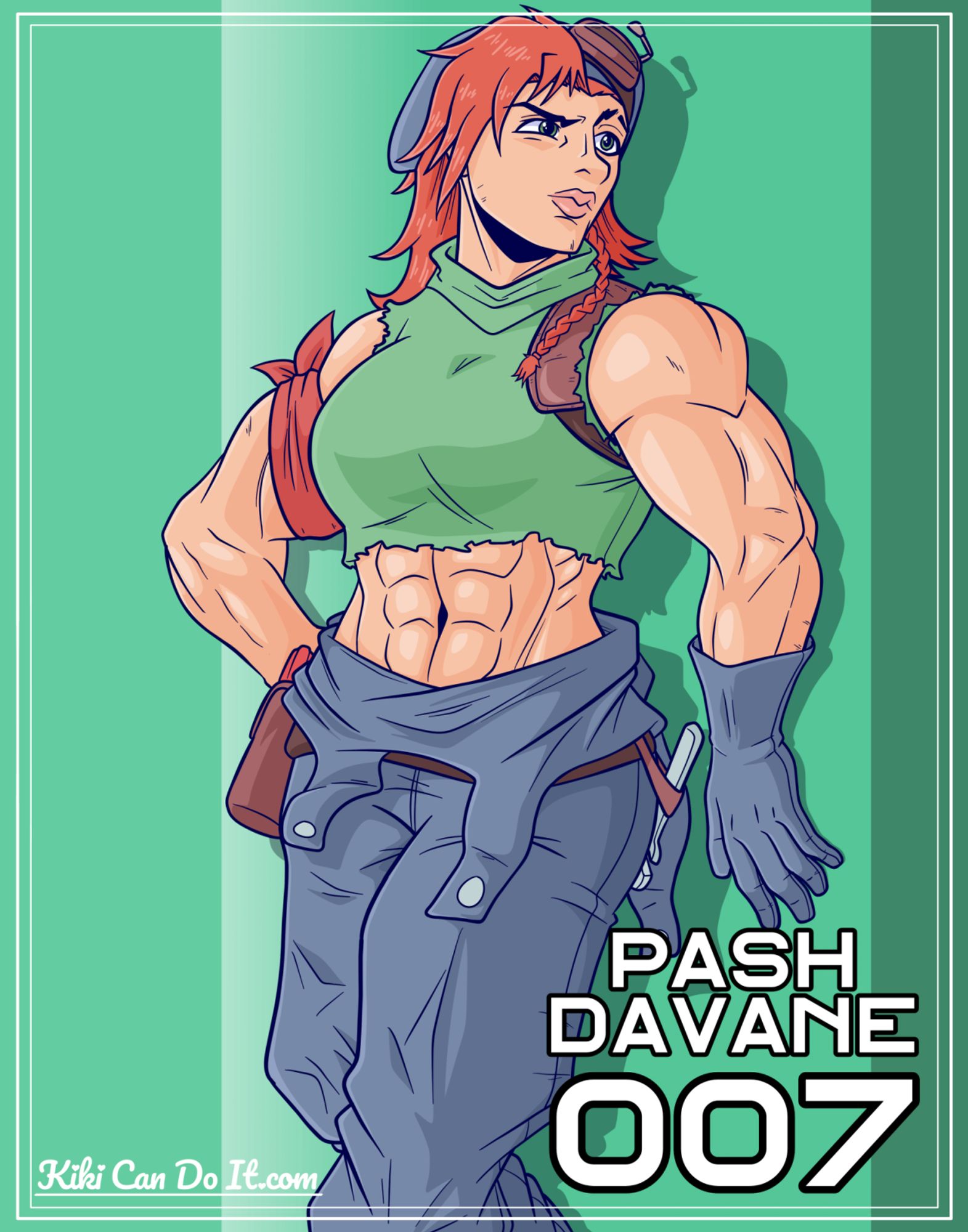 An illustration of Pash Davane from Star Wars, a muscular redheaded woman wearing a green torn-off short and overalls rolled down to her waist. She is leaning against a wall and looking off to the side.