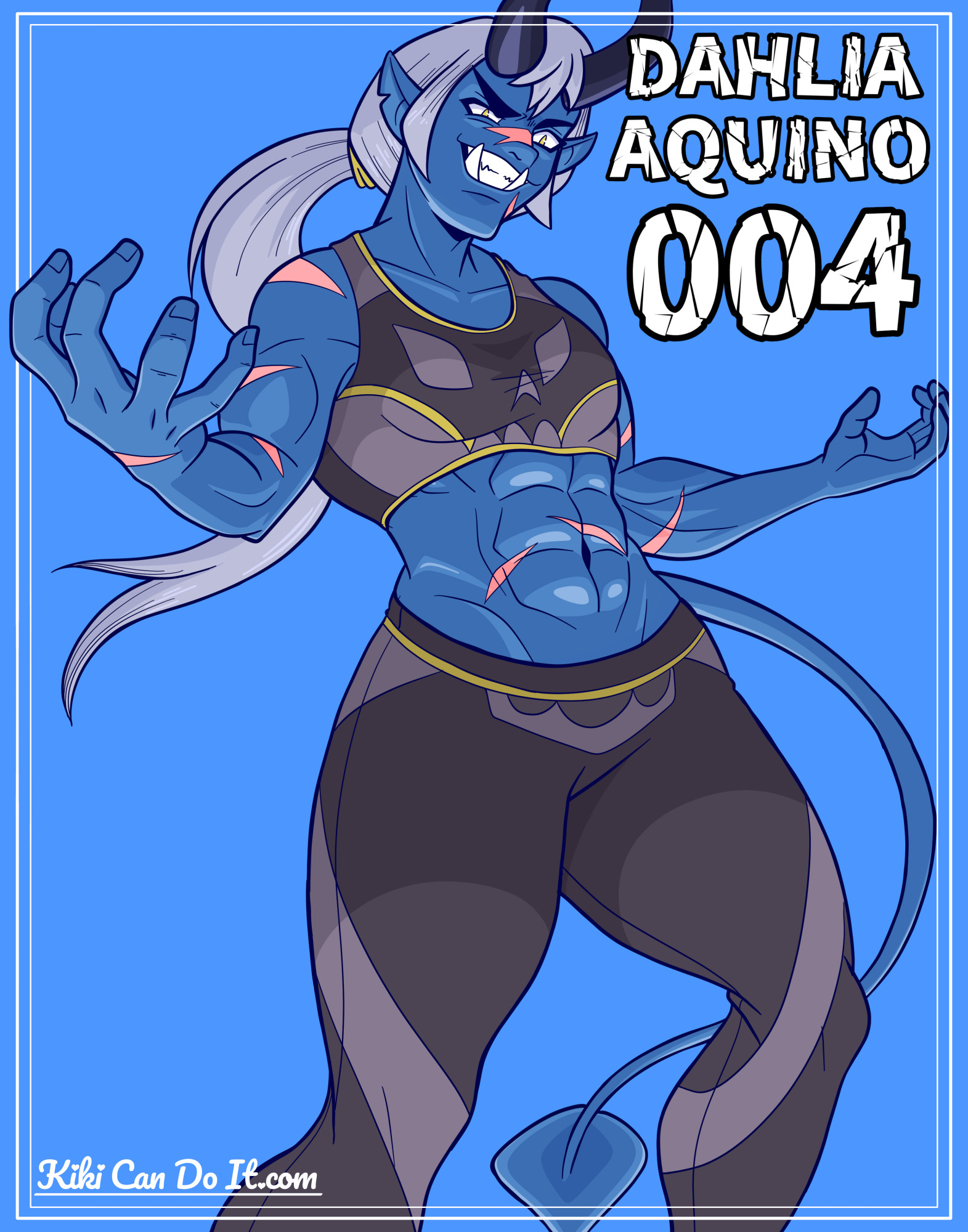 An illustration of Dahlia from Monster Prom, a large muscular blue-skinned demon girl. She's wearing a short-cropped hoodie and rolled-up shorts. 