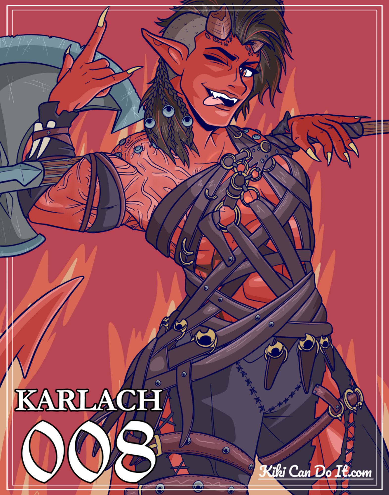 A drawing of Karlach, a red-skinned demon girl wearing an outfit made of dozens of overlapping belts. She's holding an axe across her shoulders, flashing rock-on sign with her hand, and smiling.