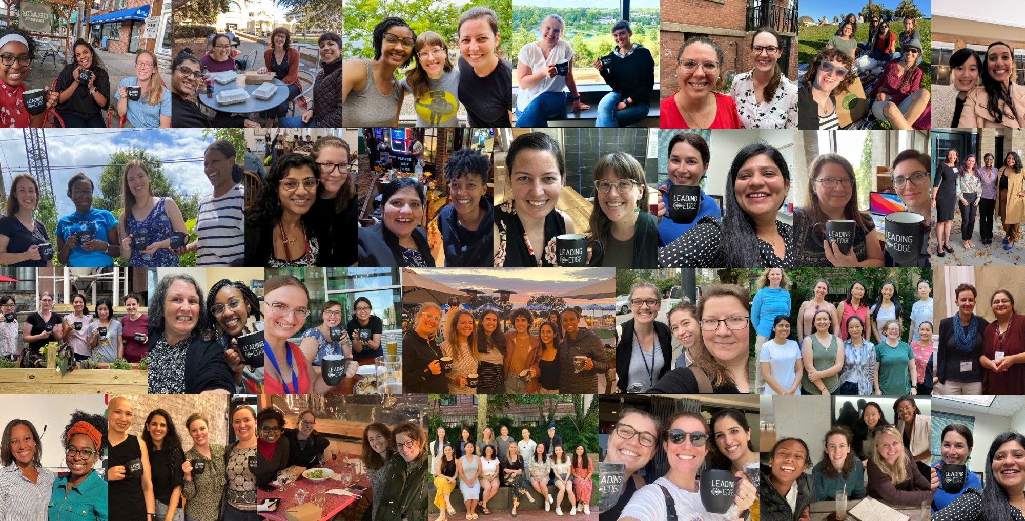 A collage of photos of Leading Edge Fellows meeting up in various locations. The photos are of smiling women and non-binary people, often holding mugs with the Leading Edge logo.