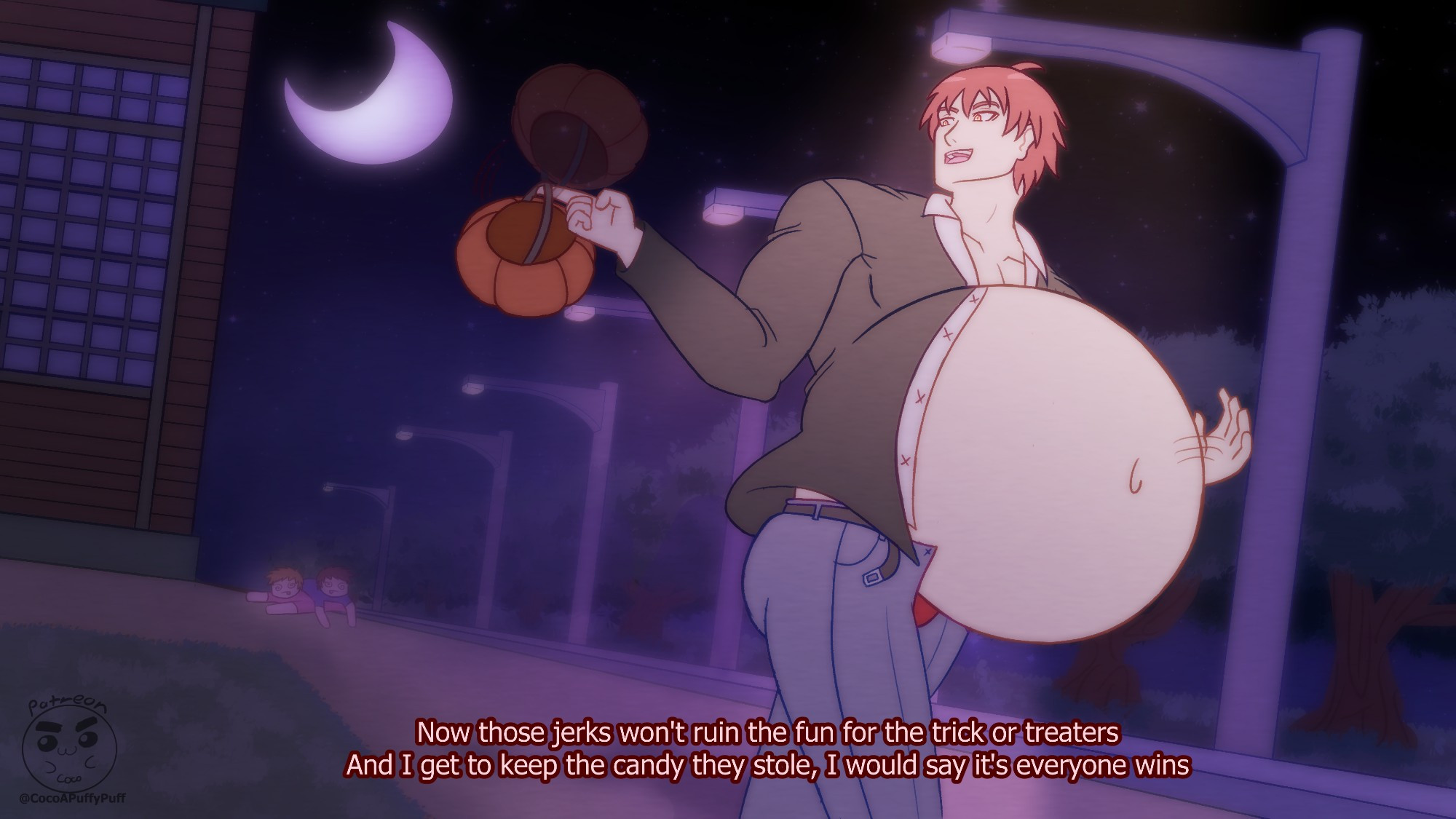 Karma Akabane with a big stuffed belly