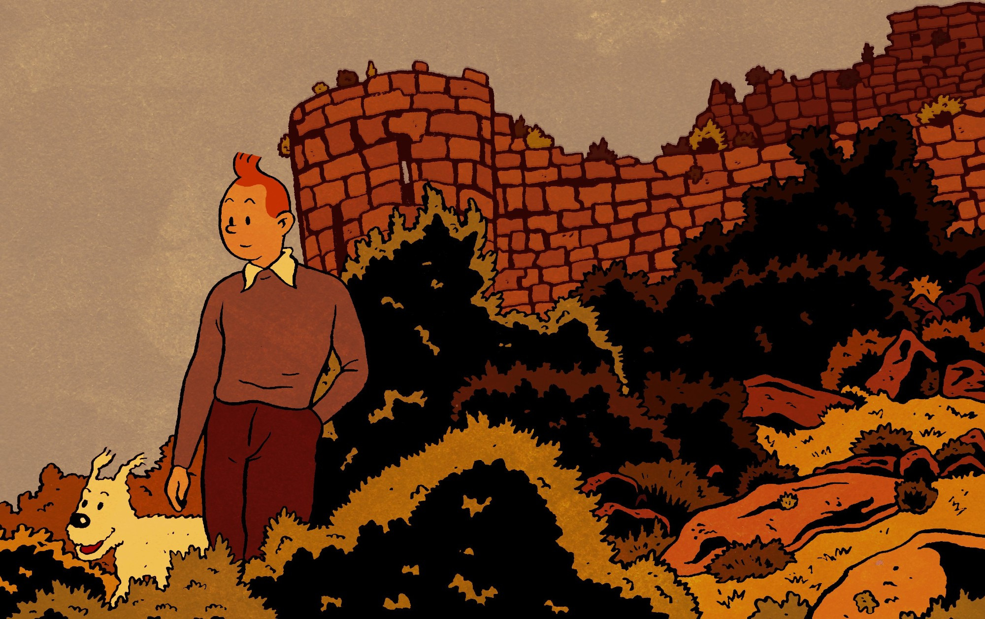 Tintin et Milou marchent dans une paysage rempli de buissons dans lequel il y a un château en ruines.