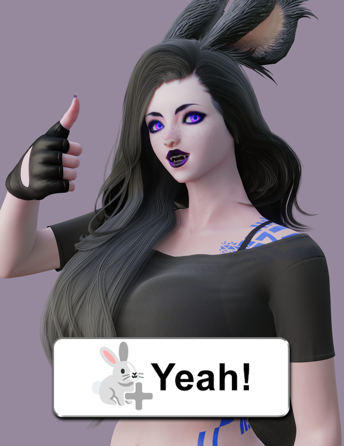 Render of Vallia giving a thumbsup captioned "🐇 Yeah!"