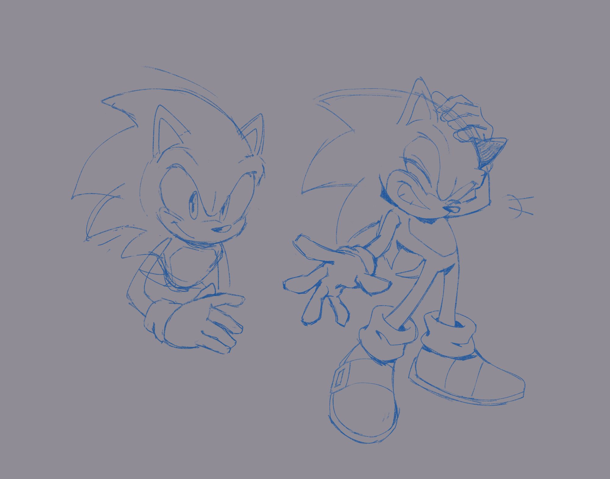 Two sketches of Sonic the Hedgehog. The first is an unfinished waist up doodle of him facing forward. The second is a full body sketch of Sonic putting his hand on his head closing his eyes in a sort of restrained laugh at something.