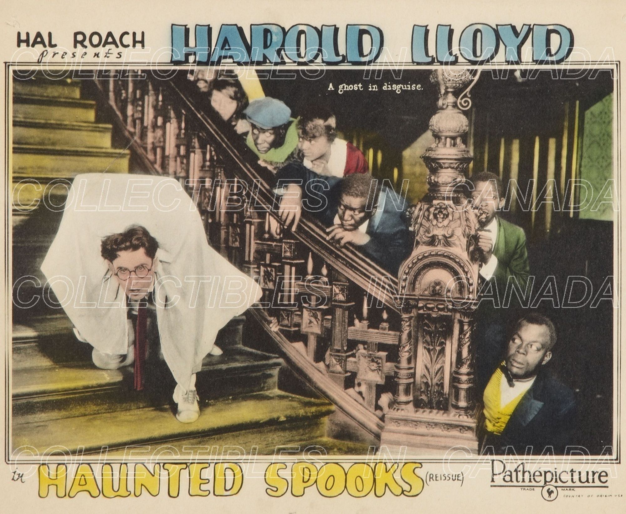 Harold Lloyd is going the the stairs white a piece of white clothing over him. The other people around him are fearful, thinking he is a ghost.