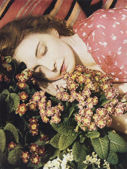 Actress Lillian Gish a red blouse with white pattern. She is laying down and there are flowers around her. She is sleeping and wearing some make up. Her hair is brownish and curly.