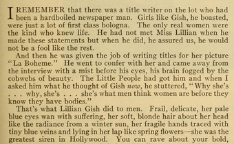 An excerpt of the magazine where no picture is visible. It is part of an article about American actress Lillian Gish. 