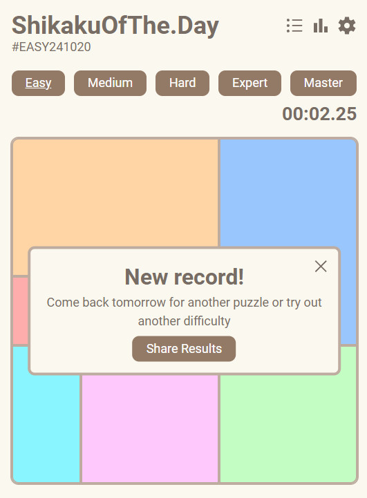 screenshot from the website shikakuofthe.day of the finished easy board with a new record completion time of 2.25 seconds