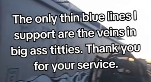 ( ID: The only thin blue lines I support are the veins in big ass titties. Thank you for our service. ) 