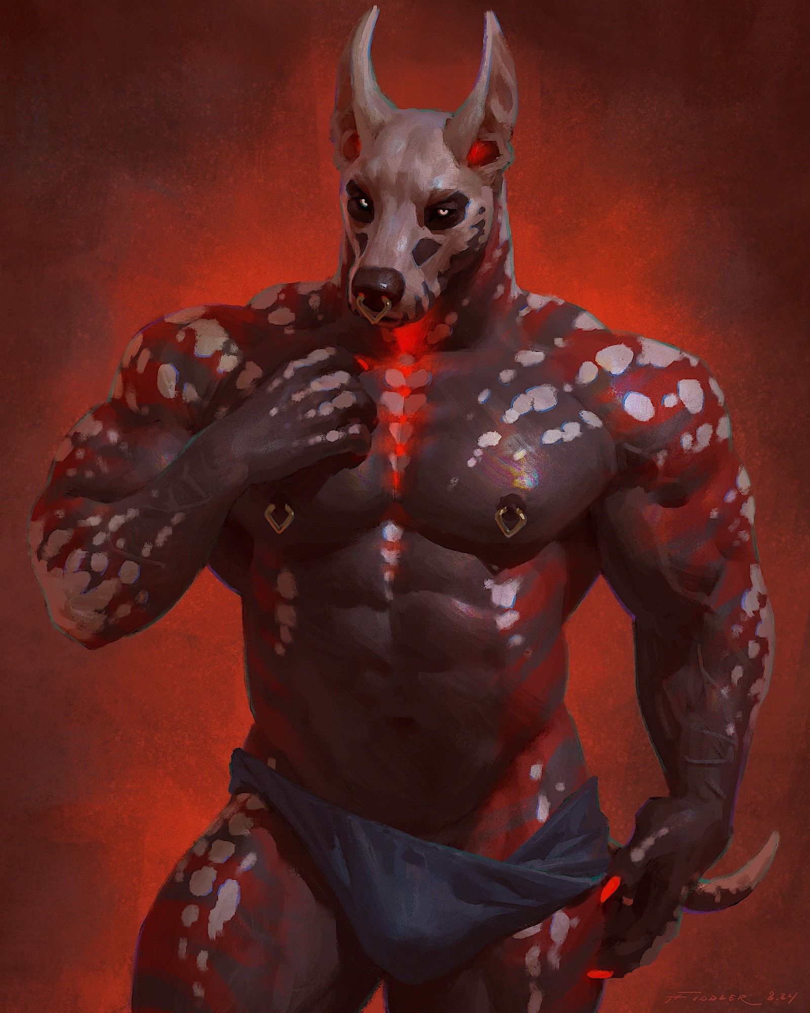 A digital painting of demonic-looking anthropomorphic muscular doberman, with white fur patterning on the face, to look skull-like. The white is also speckled about on his body, concentrating mostly on his shoulders, down the arms, on his upper chest, and outer thighs. He also has a red glow emanating from within his chest, that matches with the saturated red hue of the background. He has a navy blue loincloth wrapped about his waist, and his nose and nipples are pierced with matching gold diamond-shaped rings.