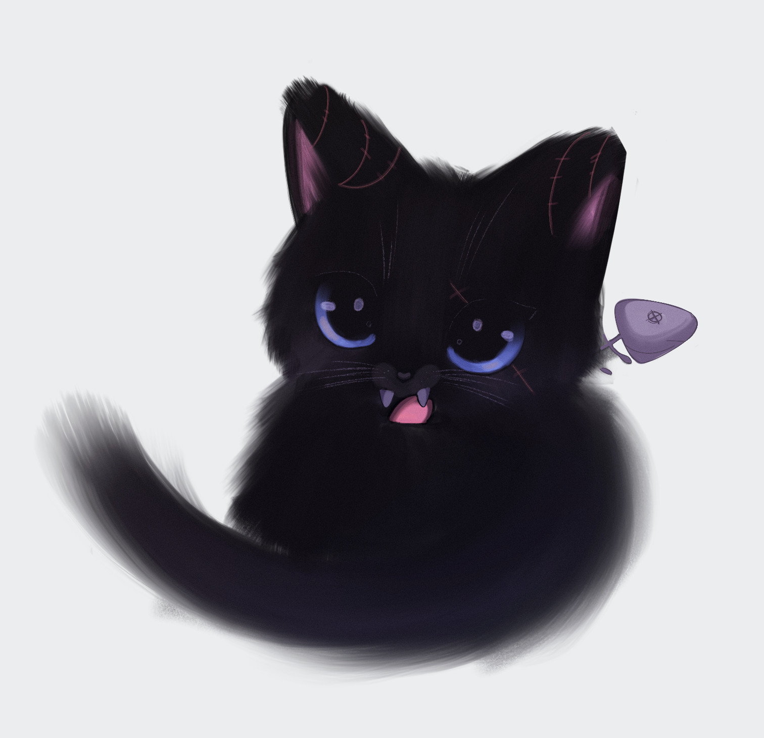 Art of a cute zombie kitten (aka xombiekitty). He has big bright blue eyes and black fur. He also has scars on both of his ears and over one eye. His mouth is open and his top fangs are visible. A fish skeleton sits in his fur. Artwork by @eleillustrates.bsky.social