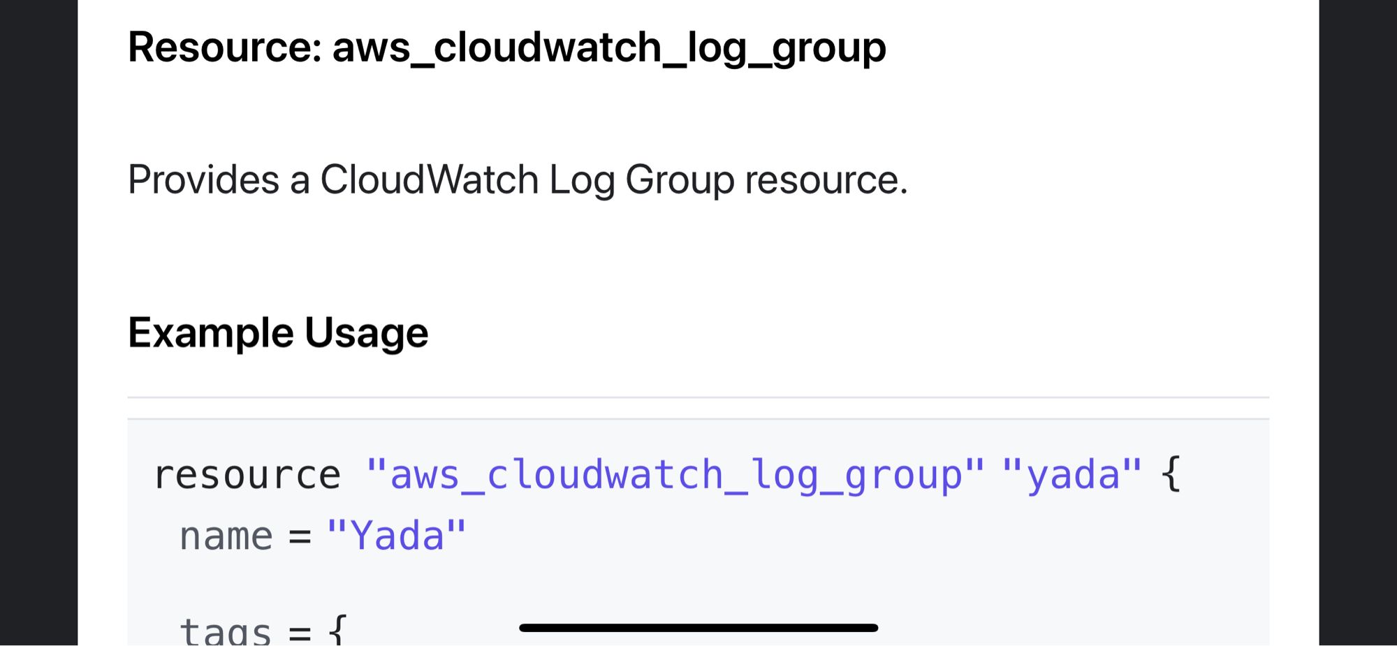 Terraform documentation on Cloudwatch Log Groups