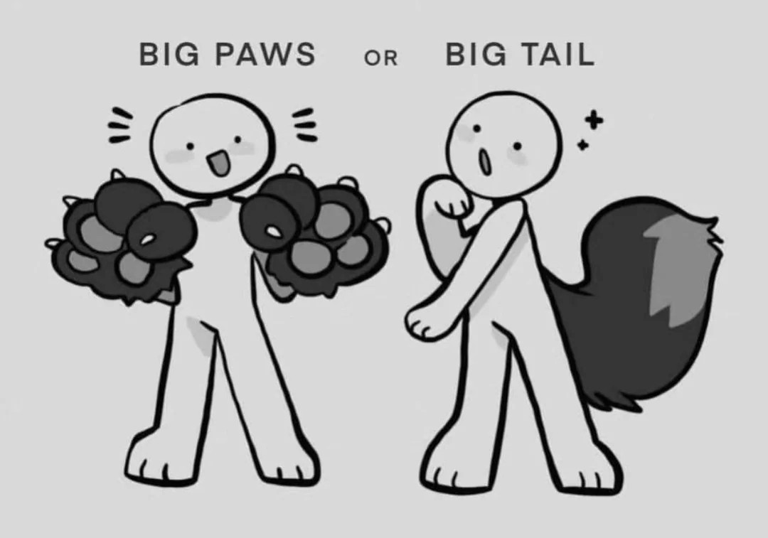 Image with a person on the left with big paws labeled "big paws" or Image with a person on the right with a large tail labeled "large tail: