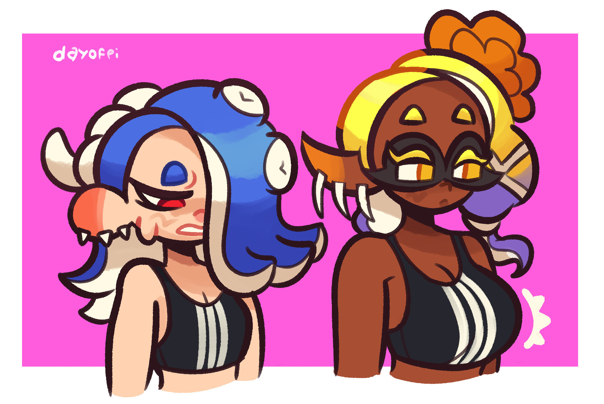 Drawing of Shiver and Frye from Splatoon 3. Shiver is envious of Frye's larger breasts.