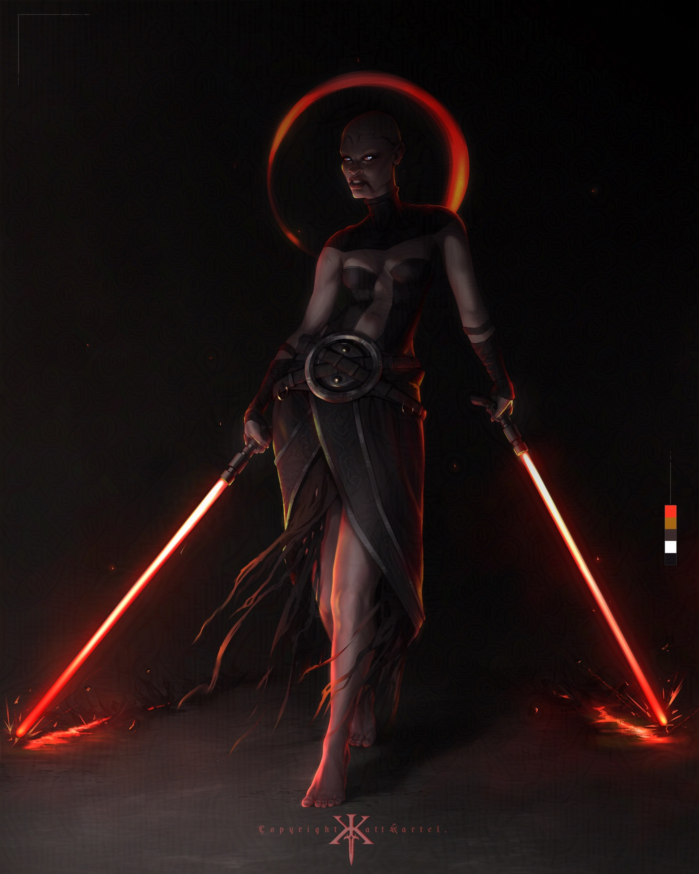 My Character Illustration of Assaj Ventress from Star Wars. She is slinking towards the viewer dragging her dual sabers as they rip up the ground around her with how hot they really are. She looks pissed but somehow you can’t look away. 