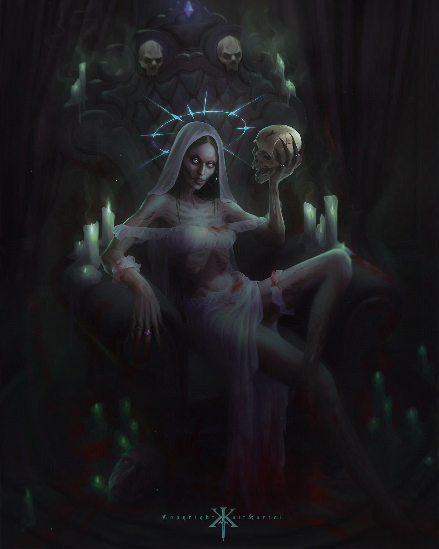 My illustration of the Undead Queen. In translucent sheer veil and tattered and bloody clothing showcasing how she herself is almost nothing but bone, gazes upon her Skull buddy while her last victim lays beside the foot of her quilted thrown. Surrounded by ghostly candles in a cool toned ghoulish atmosphere. 