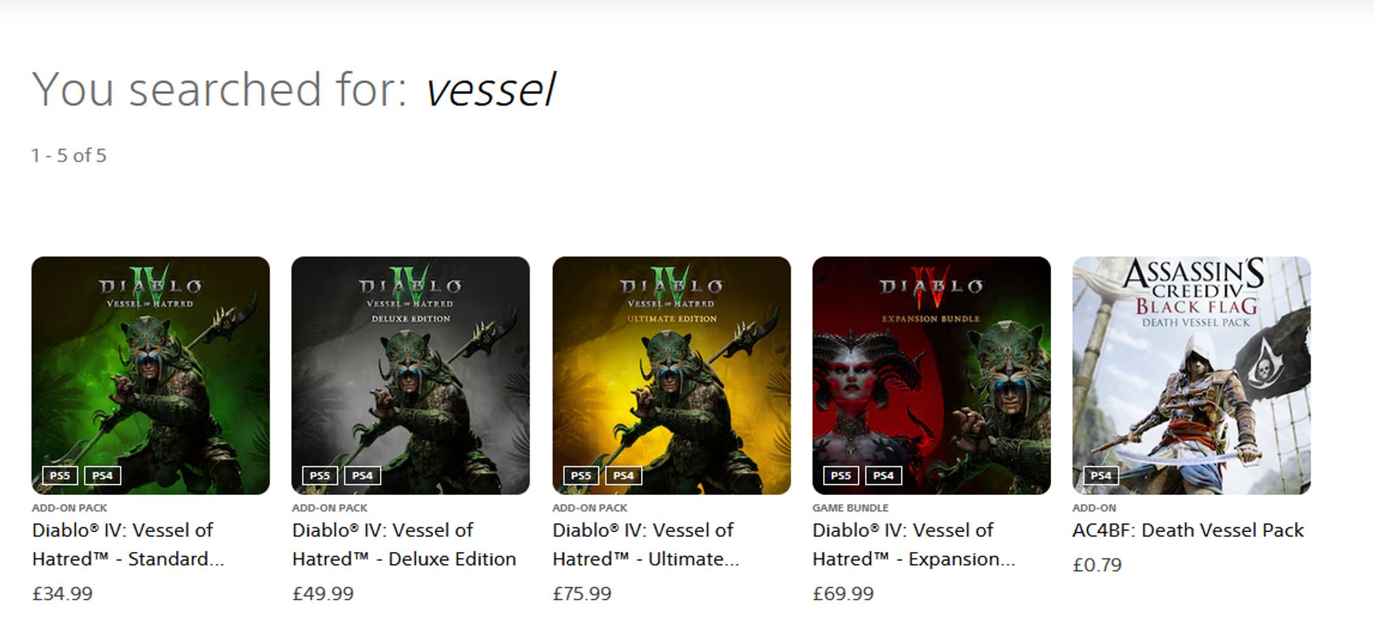 There are five items on PSN featuring the word 'vessel' - four of them indeed belong to Diablo 4's expansion 'Vessel of Hatred', but the fifth is for the 'Death Vessel' pack for Assassin's Creed: Black Flag.