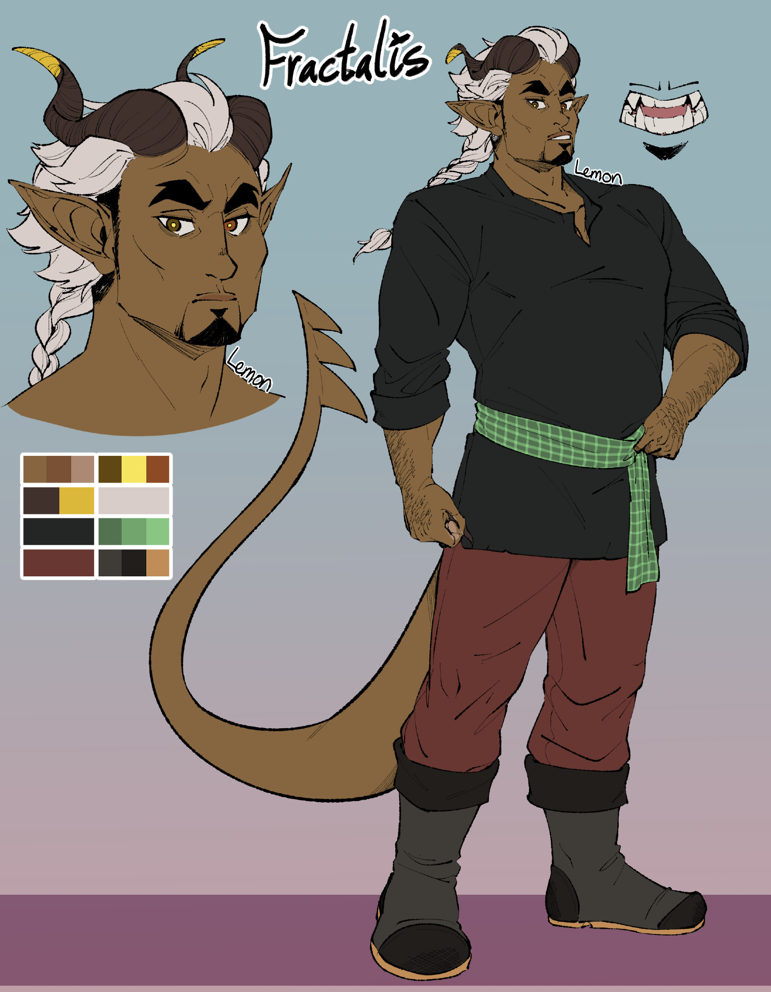 Reference of original character Fractalis, a Zariel Tiefling from the setting of Dungeons and Dragons/Baldur's Gate. He is a tall, muscular, hairy man with tan skin, dark facial hair, and an overall warm/earthy color palette. He face has a strong, square jaw, prominent cheekbones, thick eyebrows with slightly defined eyebrow muscles, a long nose with a button point, angular eyes with heterochromia (his left eye is reddish brown, his right eye is a more neutral yellow brown) and yellow irises, and a goatee with a pencil-thin mustache. His sideburns, facial hair, eyebrows, and roots appear black, while the rest of his hair is a cream color that's choppy and pushed back around the head and has a long braid starting from the base of the skull. He has medium winding brown horns protruding from his forehead above his eyebrows, which curl outward into golden yellow points. He has long pointed ears stretching to the length of his head. He has large canines in his set of otherwise humanoid teeth. He has a long, skin-colored tail that ends in a serrated half-arrowhead point with three tiers. His arms appear hairy, same dark color as his facial hair. He appears to have claws on his fingers that are the same brown color as his horns. He wears a simple black shirt with his sleeves rolled up to the elbows and a small slit down the front neckline. He's wearing a sash around his waist with a green gingham pattern on it. His pants are a rust red color, tucked into his folded brown boots with darker leather cap toes and counter pockets.