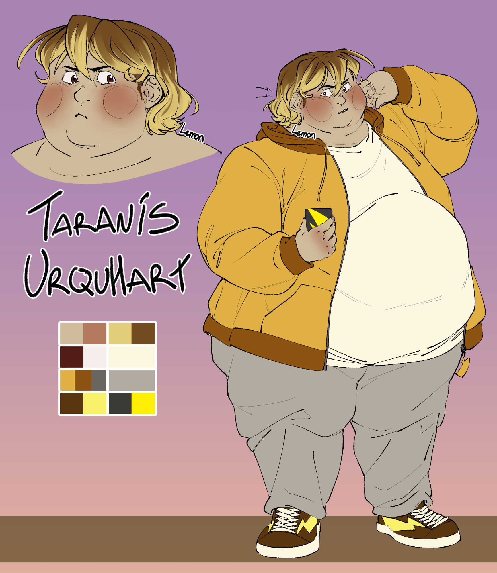 Reference of original character Taranis "Tara" Urquhart, a fat man with loose fashion and a yellow monochromatic color palette. His light neutral skin sports red blush on his chubby cheeks and pudgy, dimpled hands. His face appears long, sporting a double chin, fat neck, small lips, small button nose, large hooded eyes with small brown irises, and dark, furrowed eyebrows. His hair is slightly wavy and medium length, appearing brown at the roots and blonde at the tips, which suggests a long overdue dye job. His bangs reach his eyes, which is why he tucks them behind his ears for the most part. He's fat all over, balanced and spread out in his face, chest, arms, belly, rear, and legs evenly. He wears a yellowed white t-shirt underneath a yellow zip-up hoodie with brown trim for the hood, wrists, and bottom hem and a yellow lightning bolt zipper. The hoodie is completely open with no attempt to close it. He's wearing loose gray sweatpants and brown lace up sneakers with yellow lightning bolts on the sides. In one hand, he's holding a smart phone that appears to have a black case with a bright yellow lightning bolt design. His other hand is reaching into his ear in a pinky scratching motion while he looks to the left with an agitated expression. All of these details point to him being a gijinka of the pokemon raichu. 