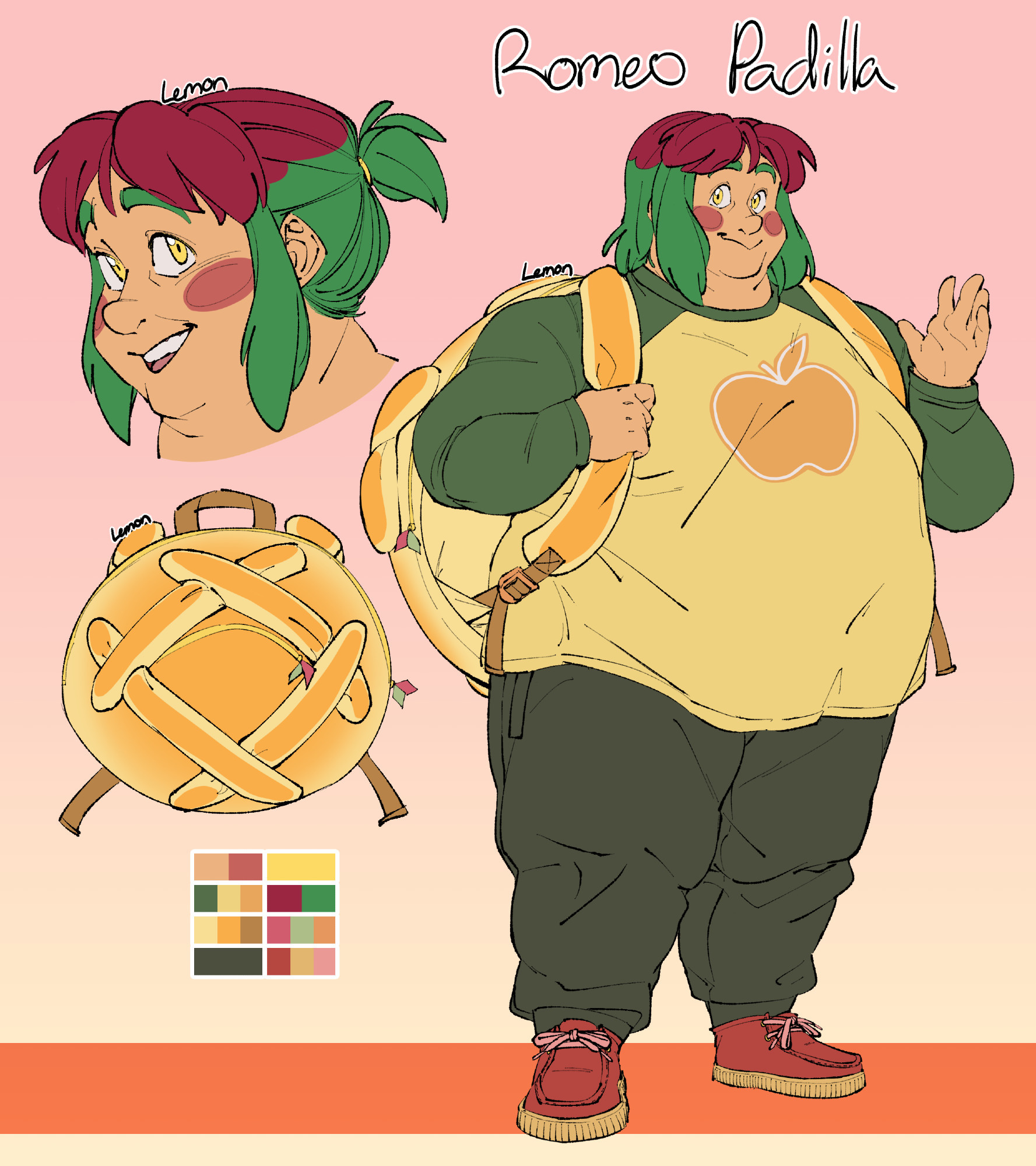 Reference of original character Romeo Padilla, a short, fat man with a warm red/green color palette. His face is heart shaped, with thick green eyebrows, tall yellow eyes, a large button nose with a deep bridge, pointed bow shaped lips, and a double chin. His skin is warm and medium toned with brownish pink blush on his chubby cheeks. He has medium length, symmetrical, thick, straight hair, where his top roots and bangs are wine red and the remaining length is green. The length of his hair covers view of his ears, which is the case when he ties it up in a small high ponytail. His hands are slightly small, pudgy, and dimpled at the knuckles. He has an oversized backpack in the shape of a round yellow bread loaf with a big criss-cross pattern on the back and straps made to look like bread sticks. The two zippers of said bag, one for the main bag and one as a pouch in the middle of the criss-cross pattern, look like light red and green leaves overlapping each other. He's wearing a baseball long sleeved t-shirt with dark green sleeves and a yellow base. The shirt has a light orange apple graphic with a white inner line printed on it. He has olive green sweatpants with pockets. His shoes are red lace-up moccasins with wide, tan treads. All of these details point to him being a gijinka of the pokemon appletun.